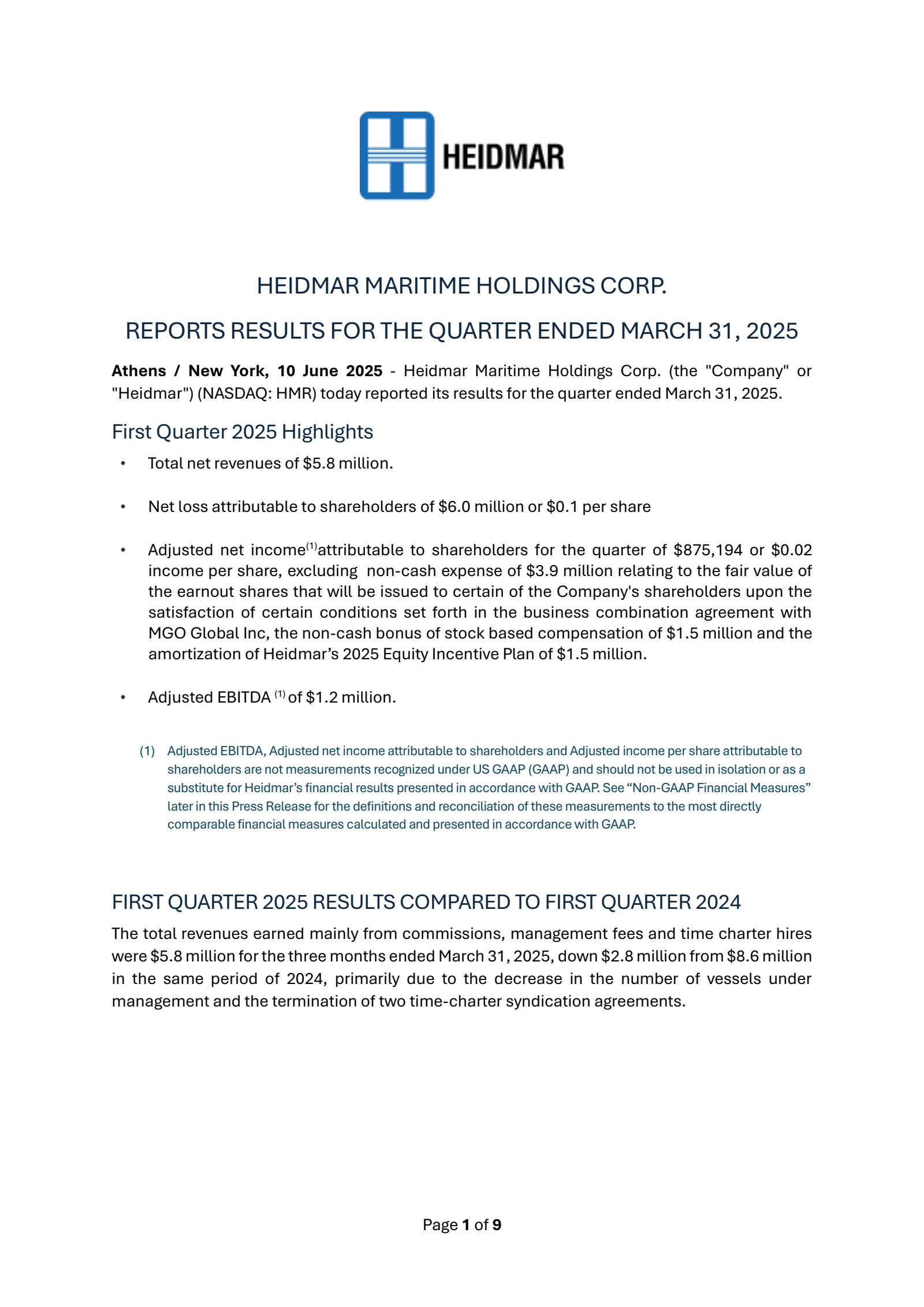 Heidmar Maritime's Q1 2025 Earnings Release