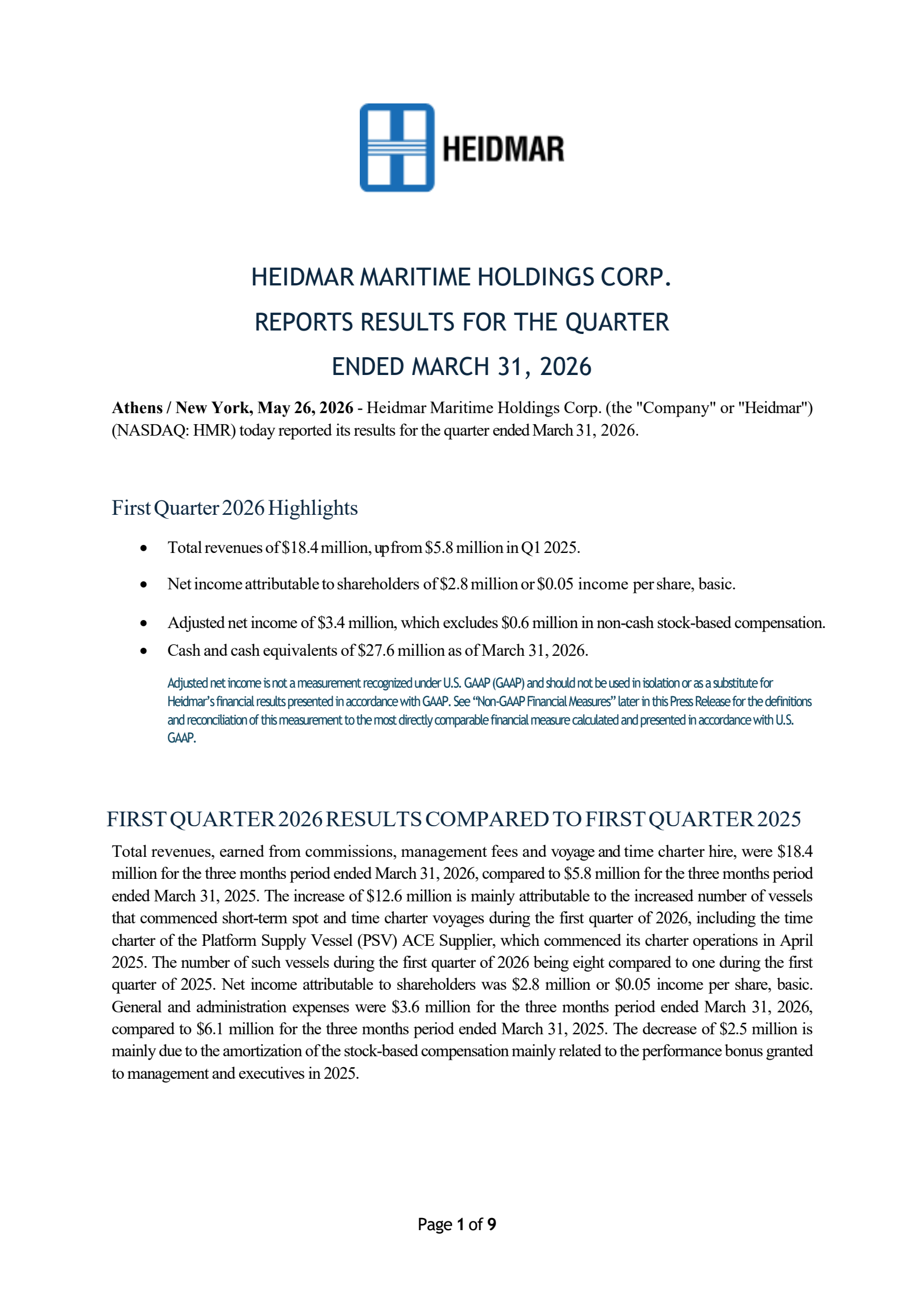 Heidmar Maritime's Q1 2026 Press Release