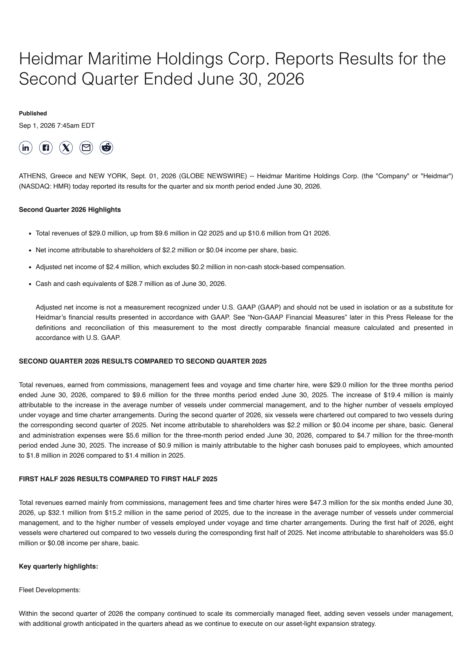 Heidmar Maritime's Q2 2026 Press Release