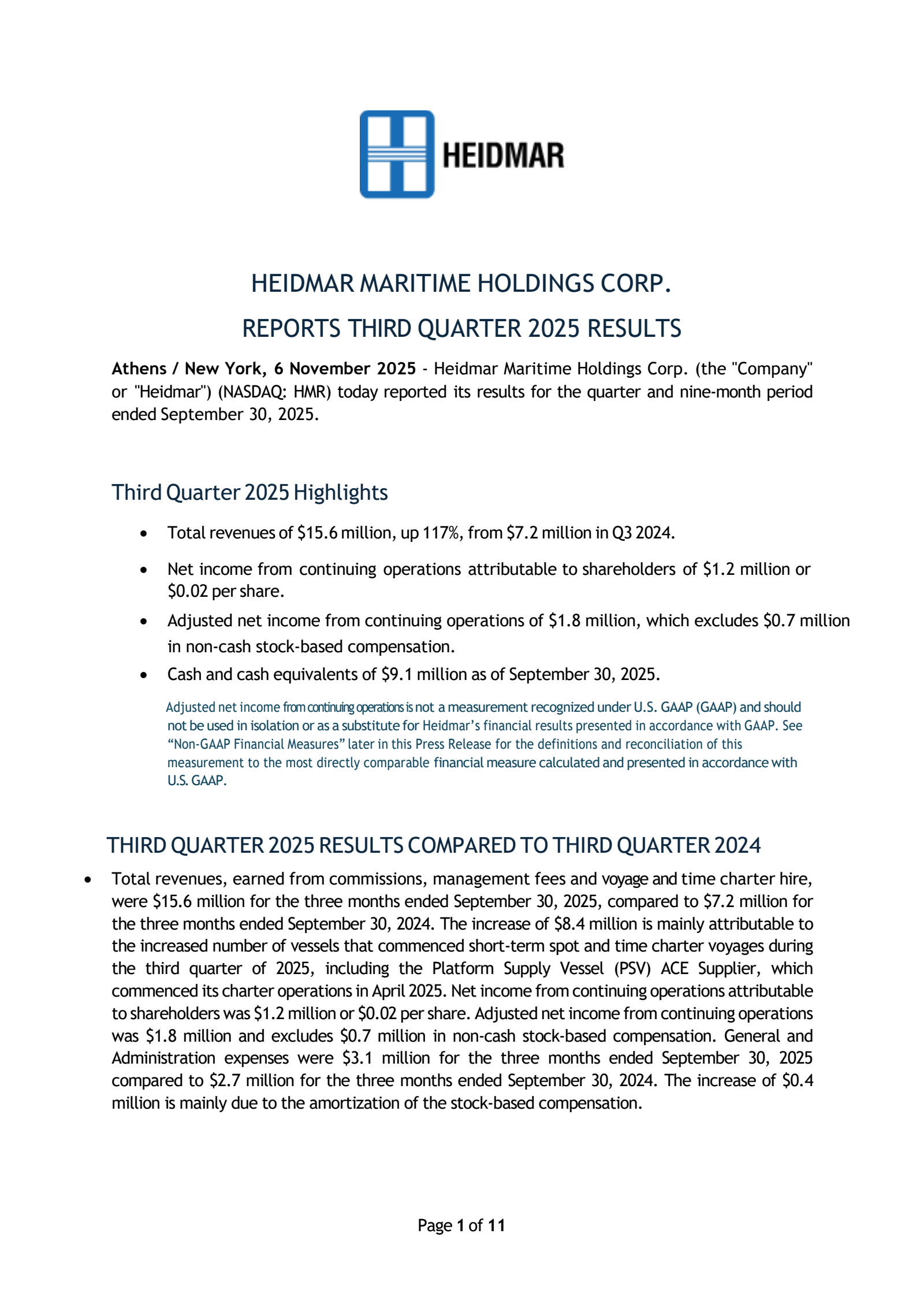 Heidmar Maritime's Q3 2025 Earnings Release