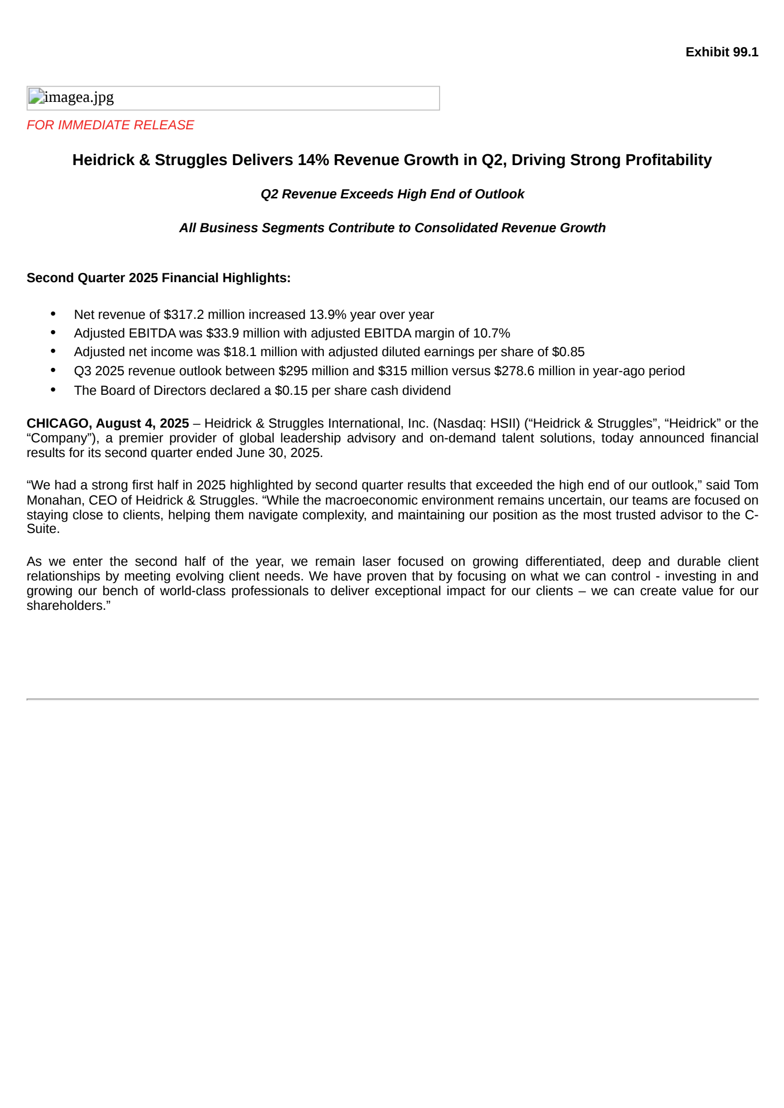 Heidrick & Struggles International's Q2 2025 Press Release