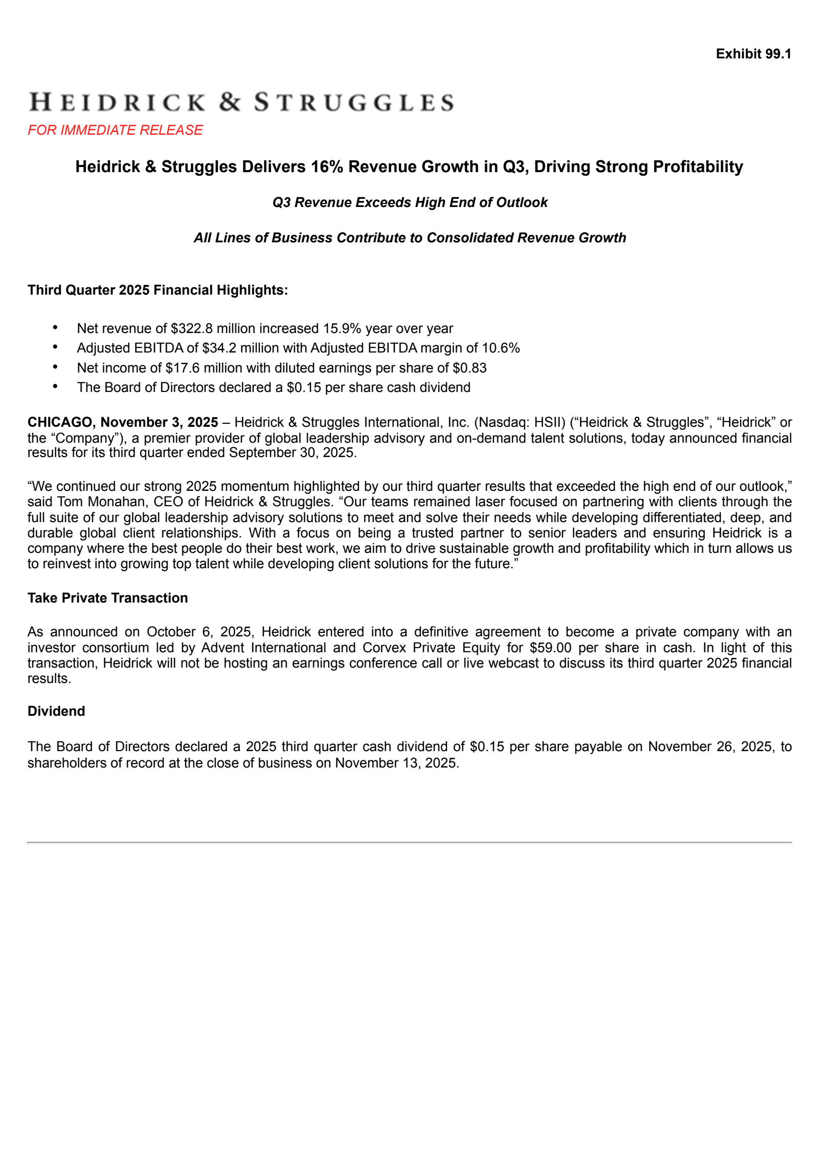 Heidrick & Struggles International's Q3 2025 Earnings Release