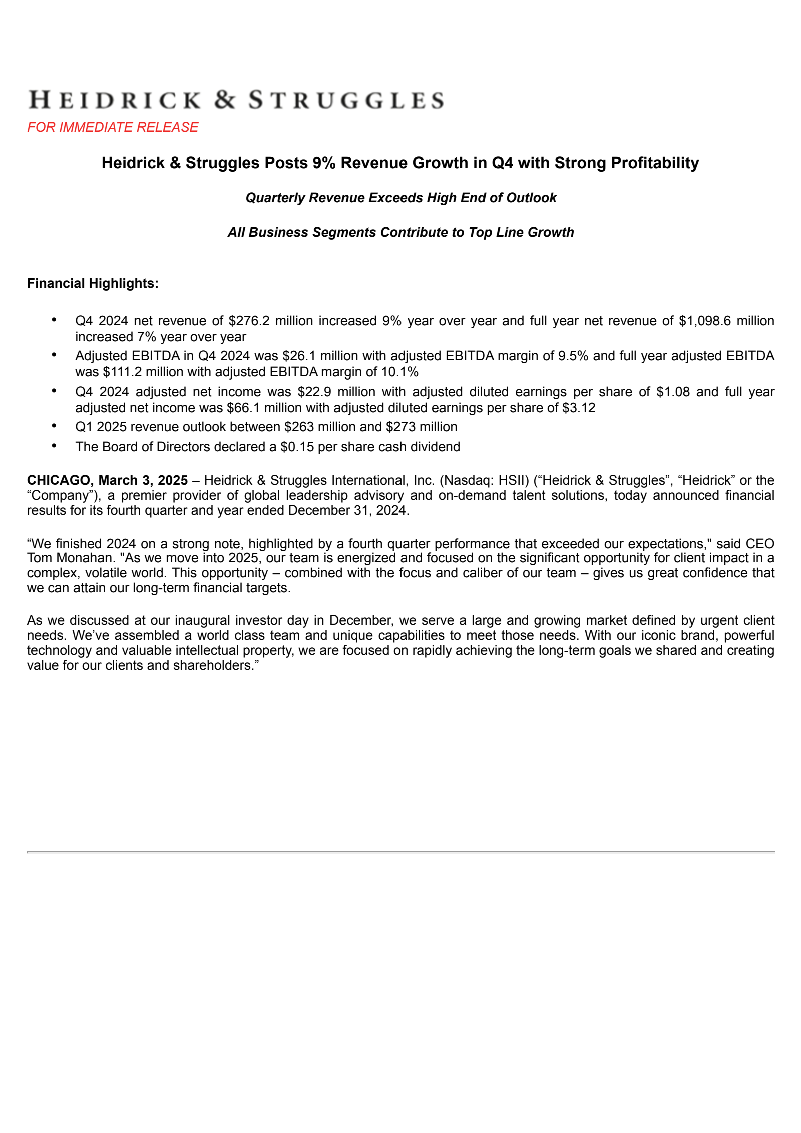 Heidrick & Struggles International's Q4 2024 Press Release