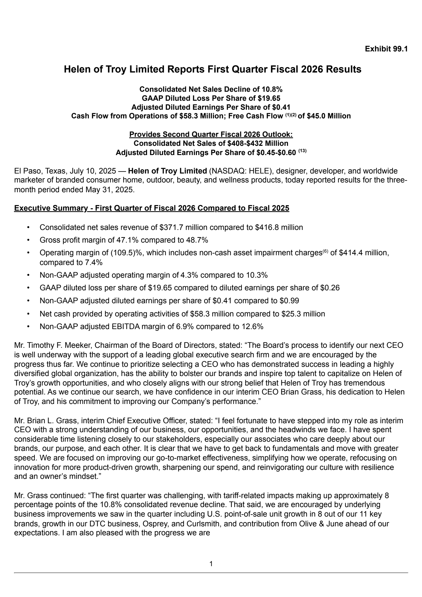 Helen of Troy's Q1 2026 Press Release