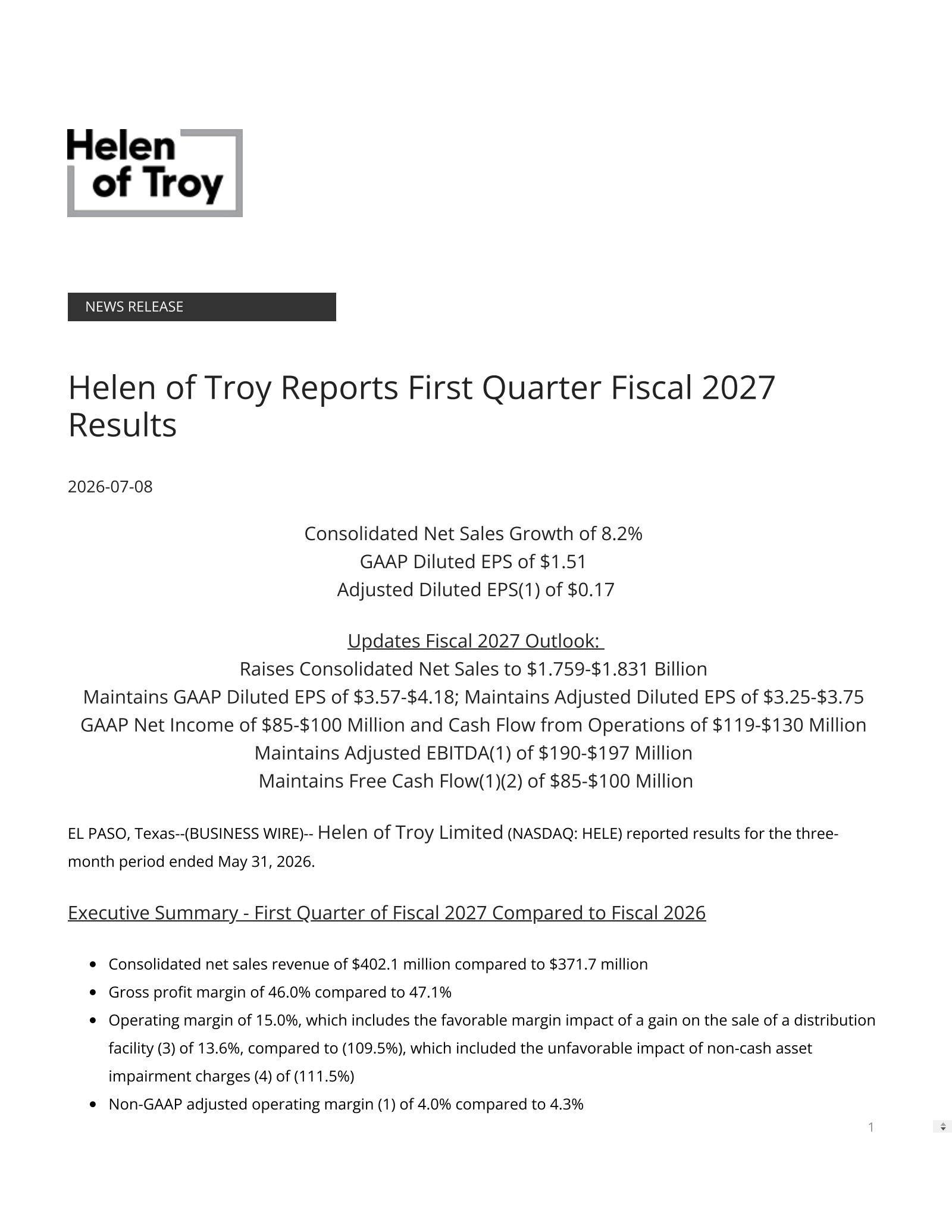 Helen of Troy's Q1 2027 Press Release