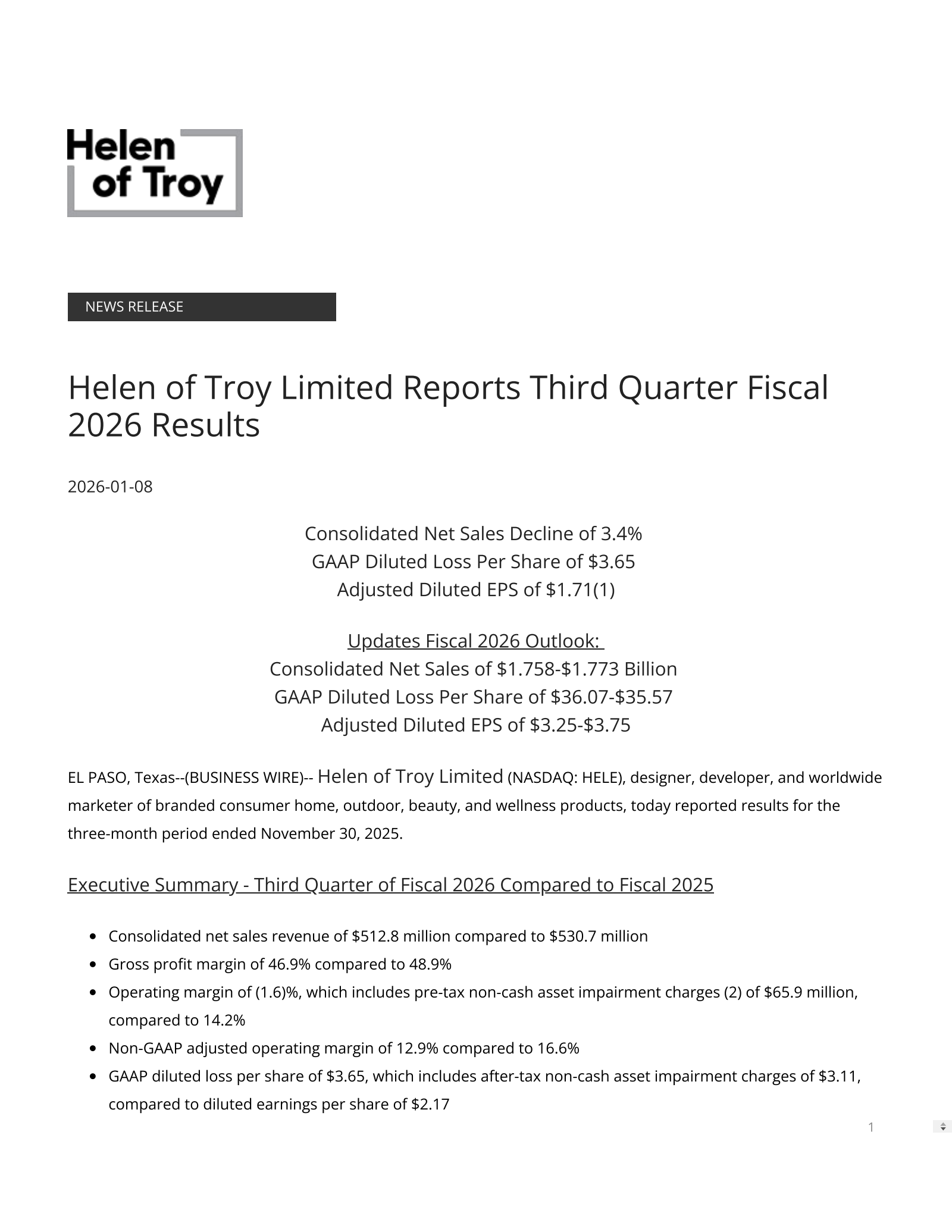 Helen of Troy's Q3 2026 Earnings Release