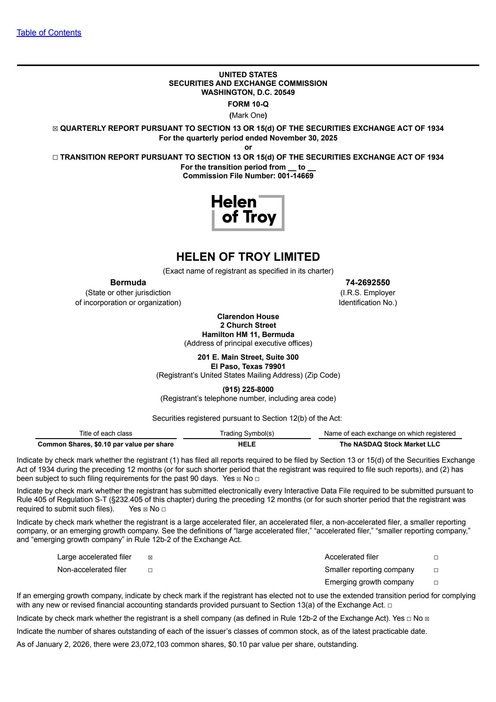 Helen of Troy's Q3 2026 Quarterly Report