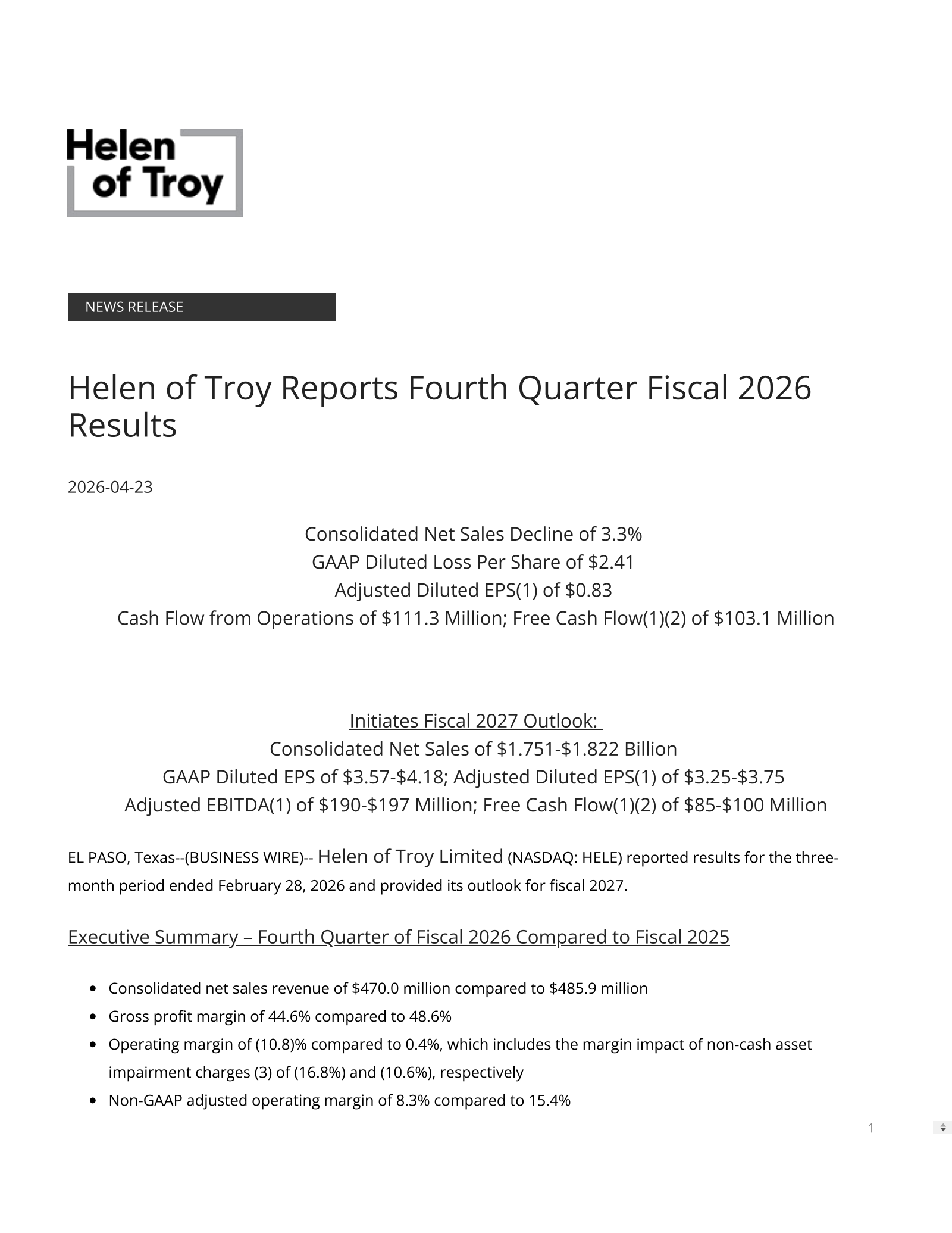 Helen of Troy's Q4 2026 Press Release