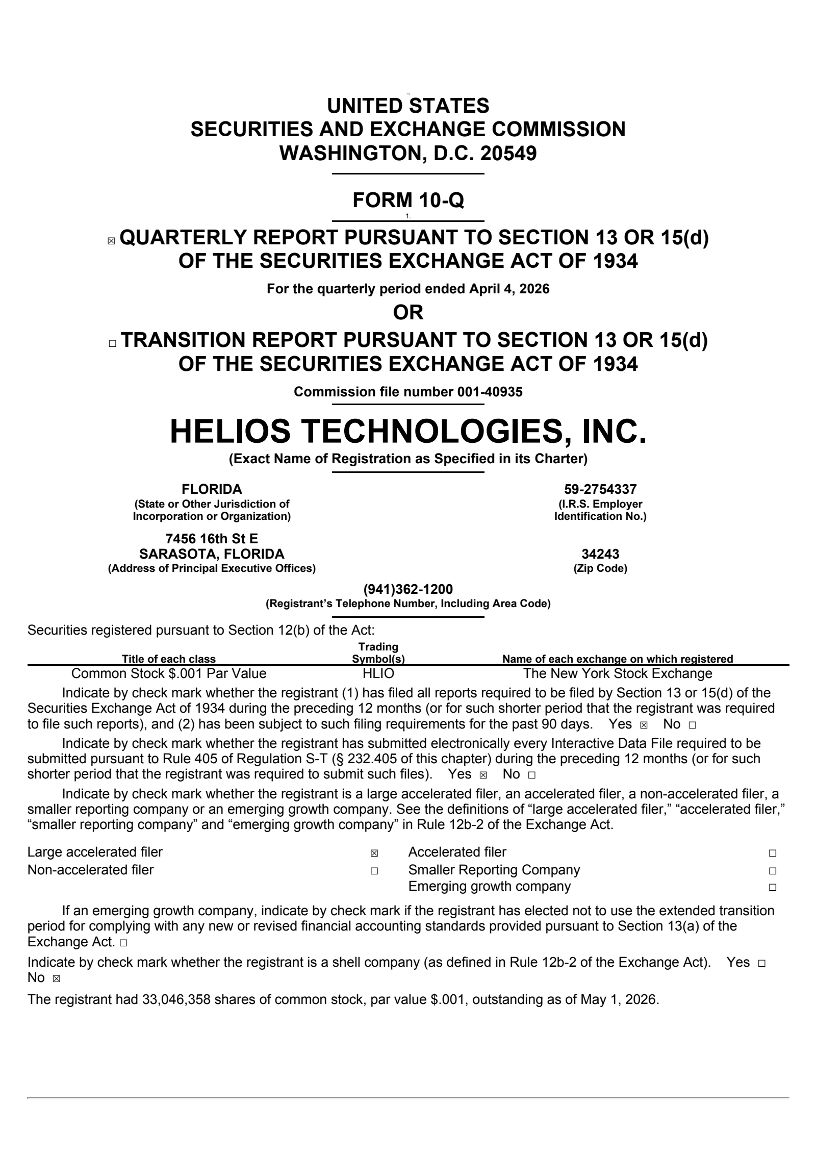 Helios Technologies' Q1 2026 Quarterly report