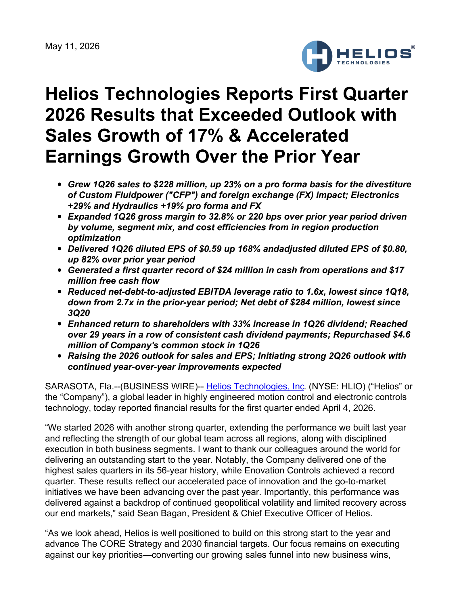 Helios Technologies' Q1 2026 Press Release