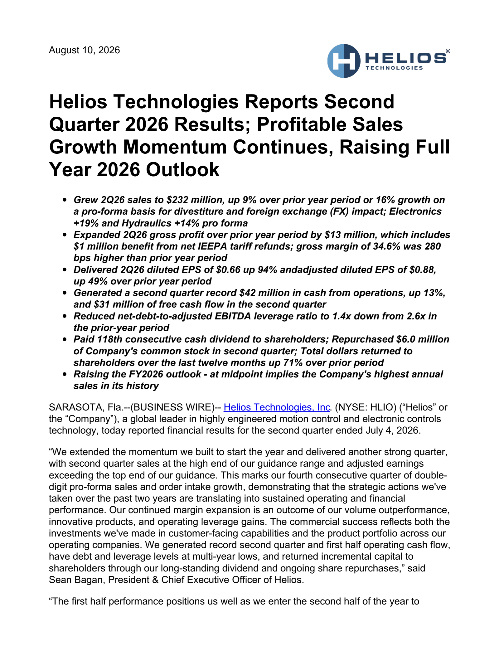 Helios Technologies' Q2 2026 Press Release