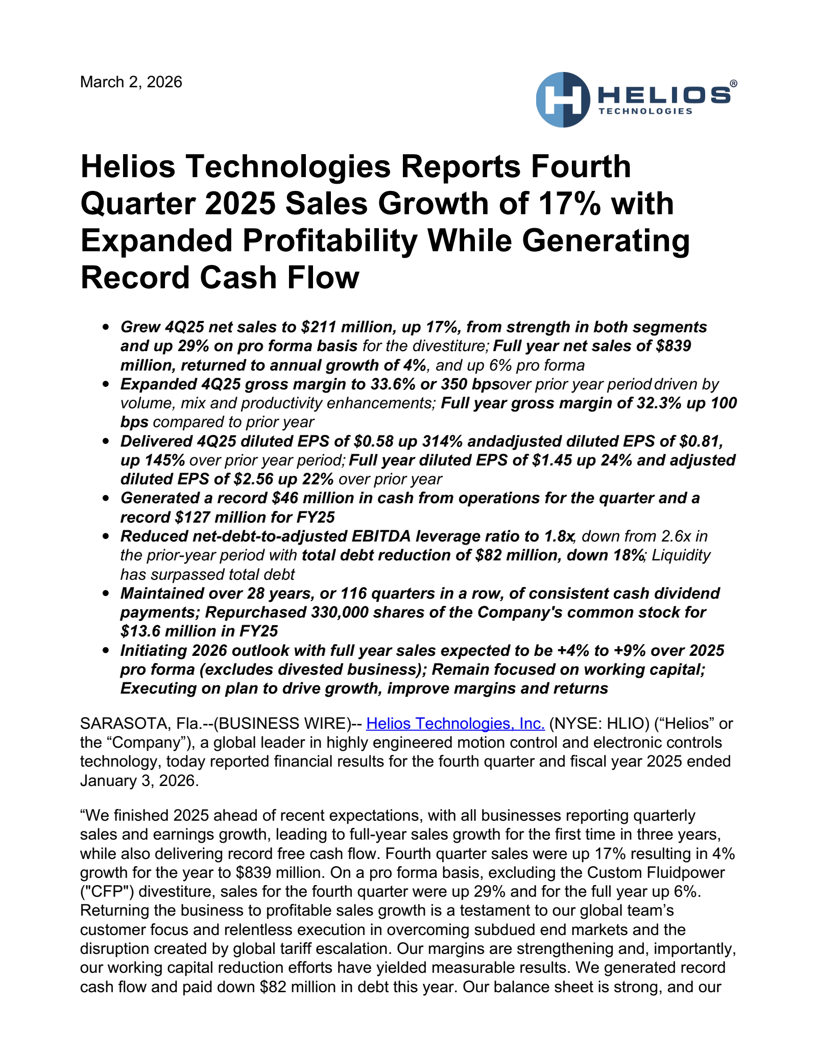 Helios Technologies' Q4 2025 Press Release
