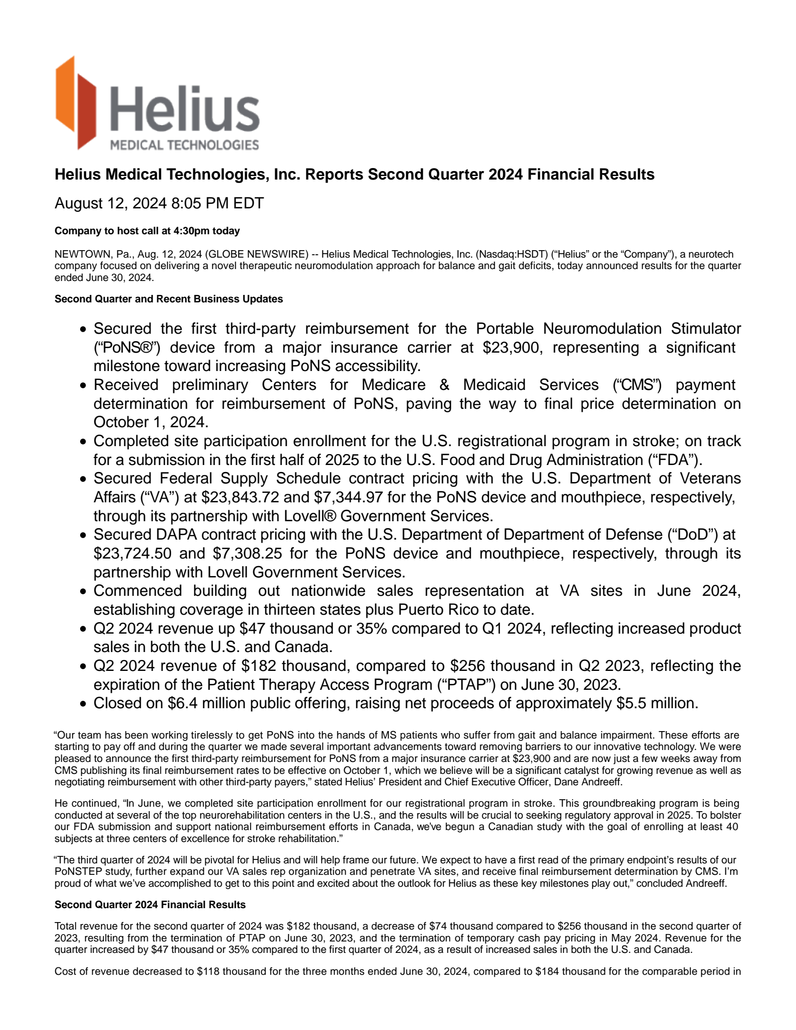 Helius Medical Technologies' Q2 2024 Press Release