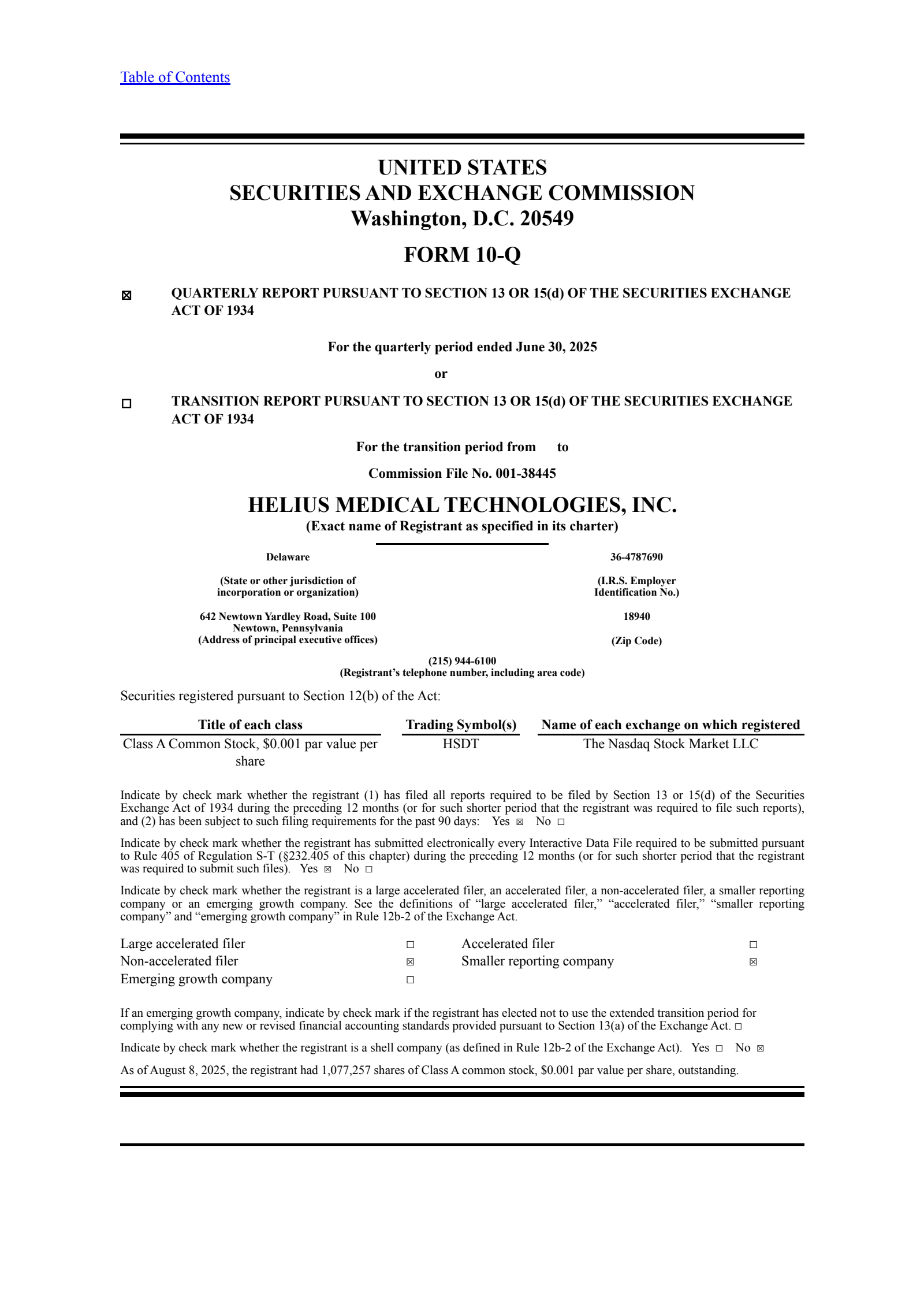 Helius Medical Technologies' Q2 2025 Quarterly report