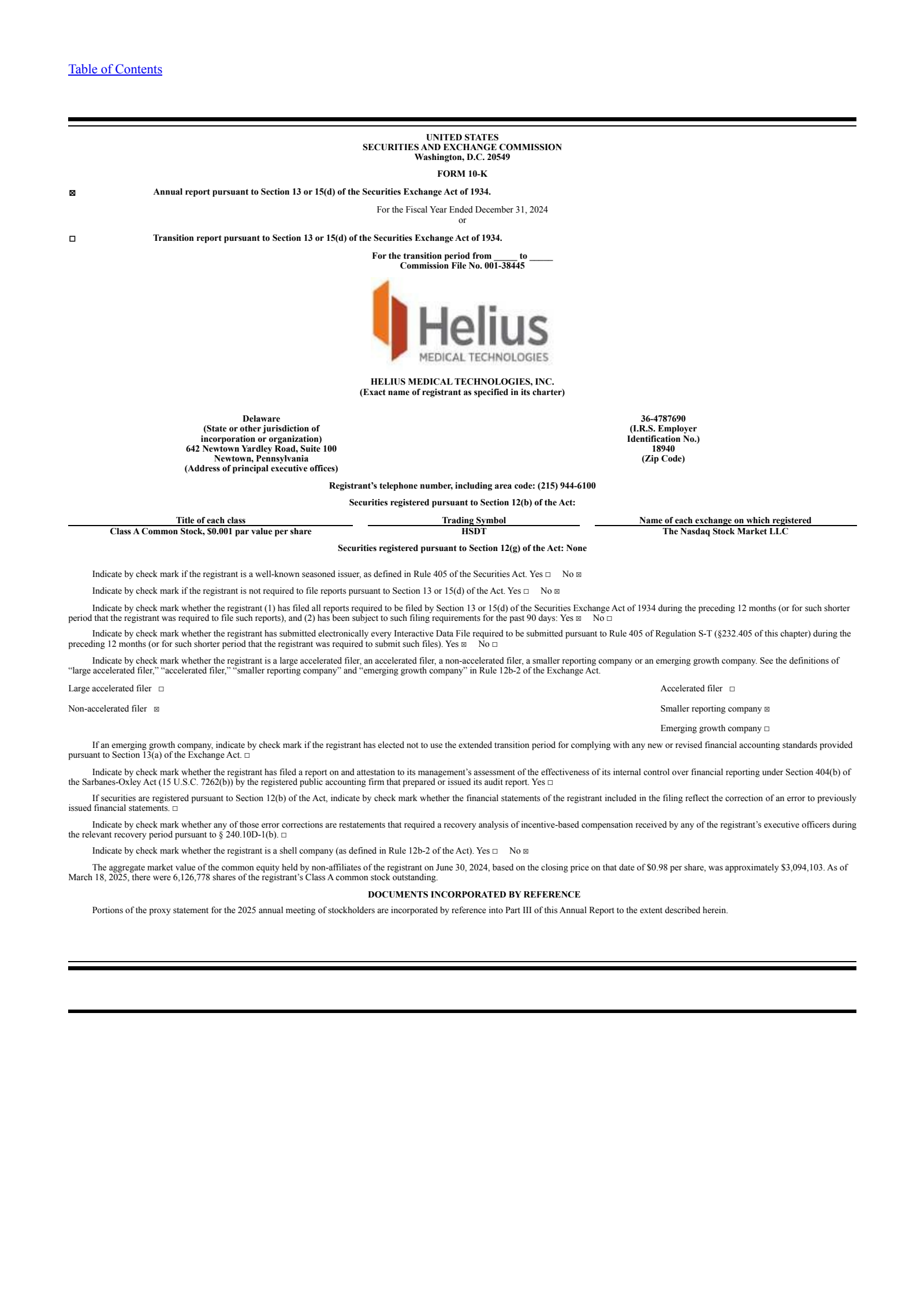 Helius Medical Technologies' Q4 2024 Annual report