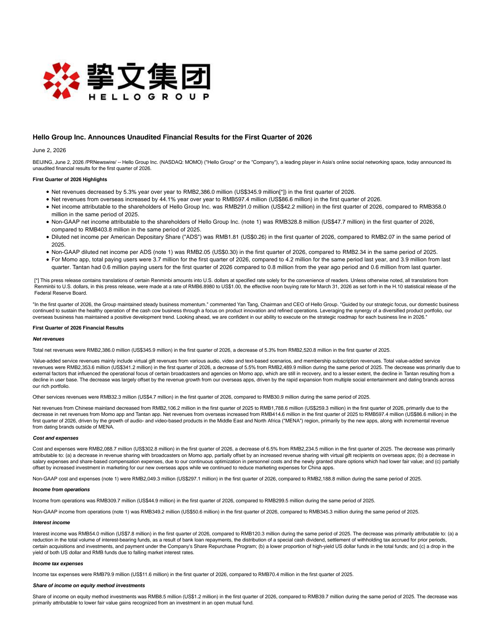 Hello Group's Q1 2026 Press Release