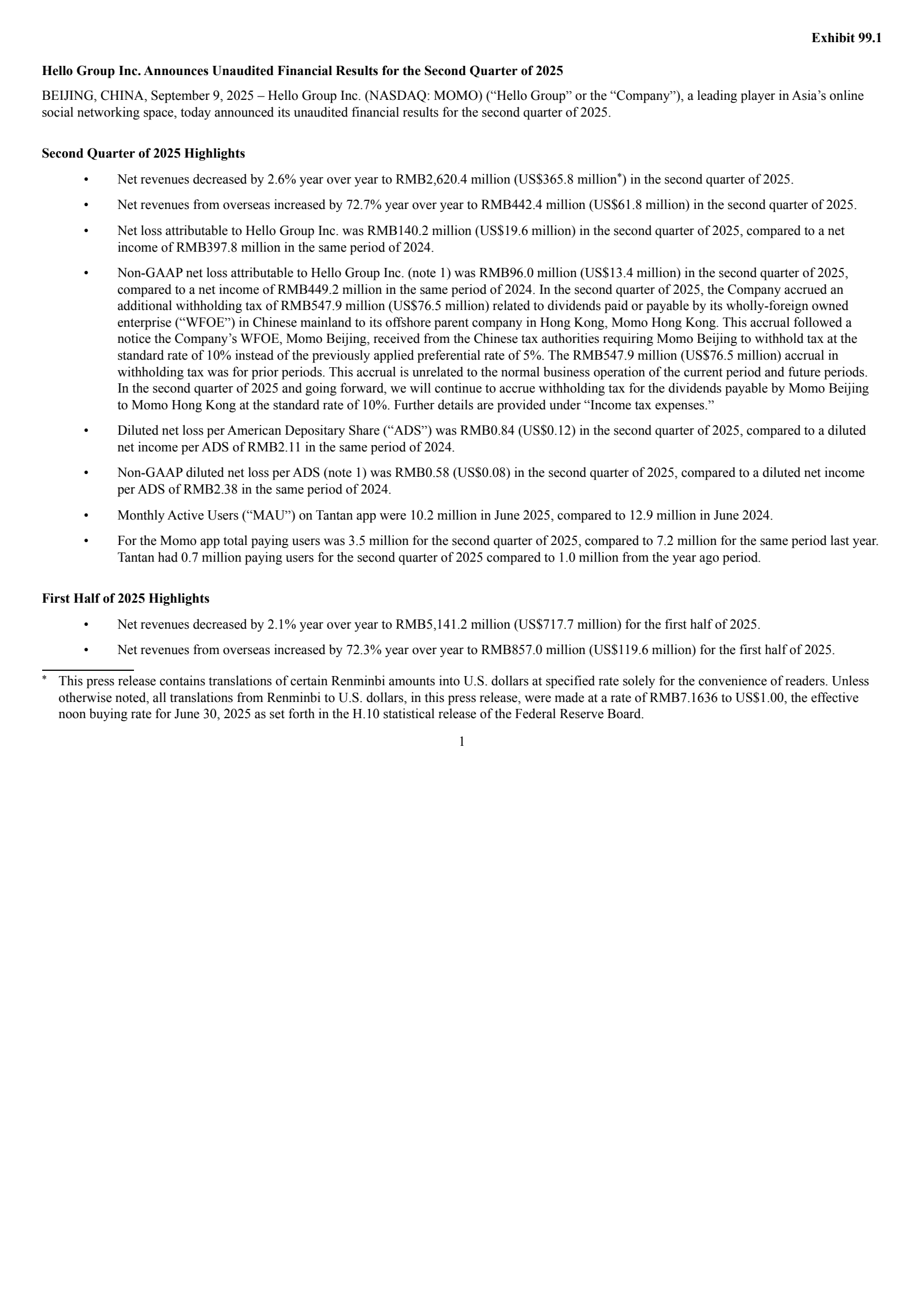 Hello Group's Q2 2025 Press Release