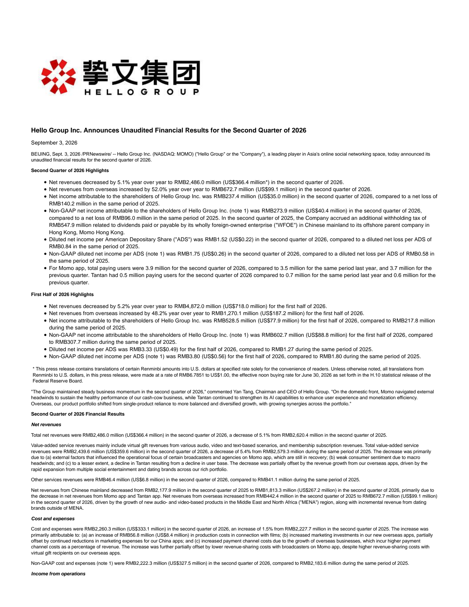 Hello Group's Q2 2026 Press Release