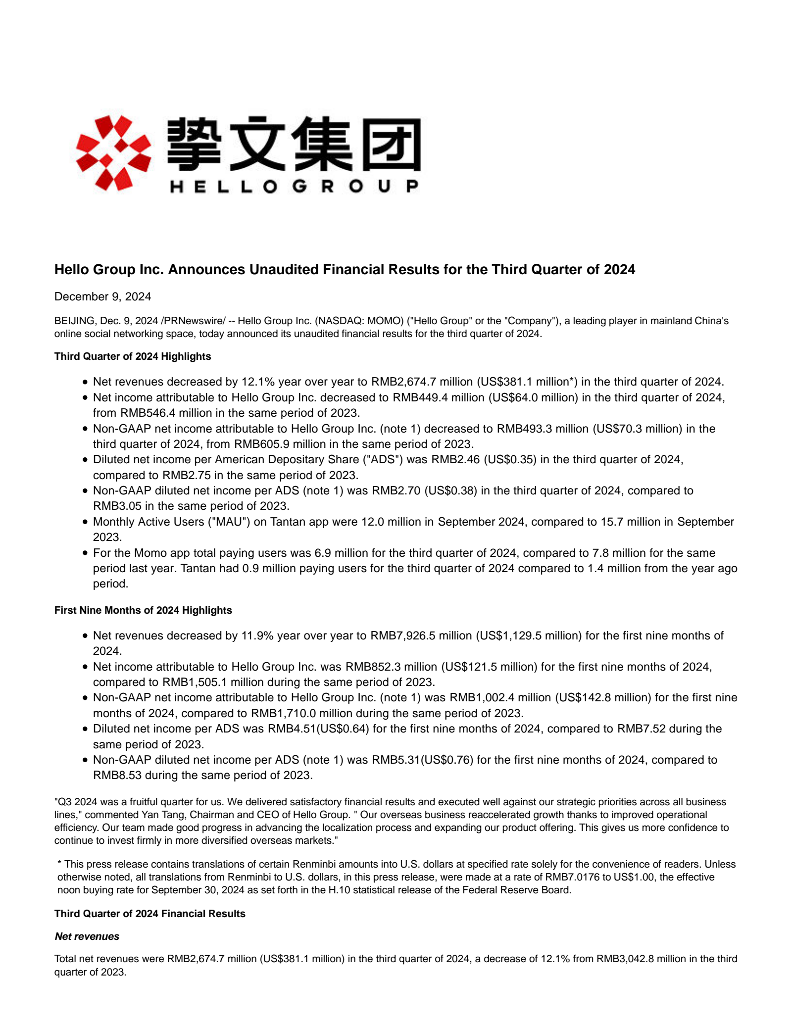 Hello Group's Q3 2024 Press Release