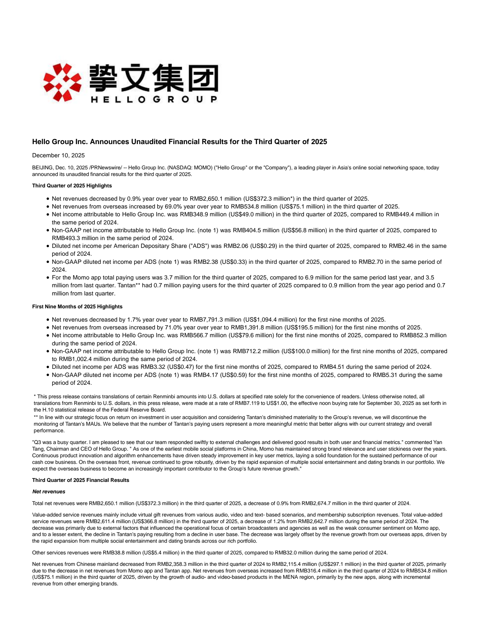 Hello Group's Q3 2025 Earnings Release