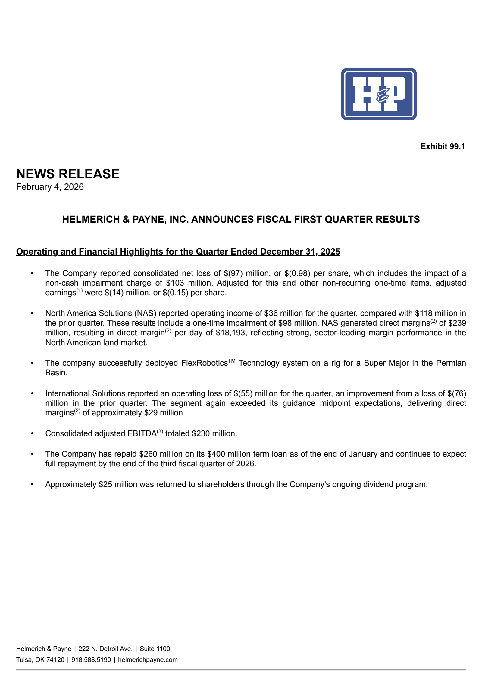 Helmerich & Payne's Q1 2026 Press Release