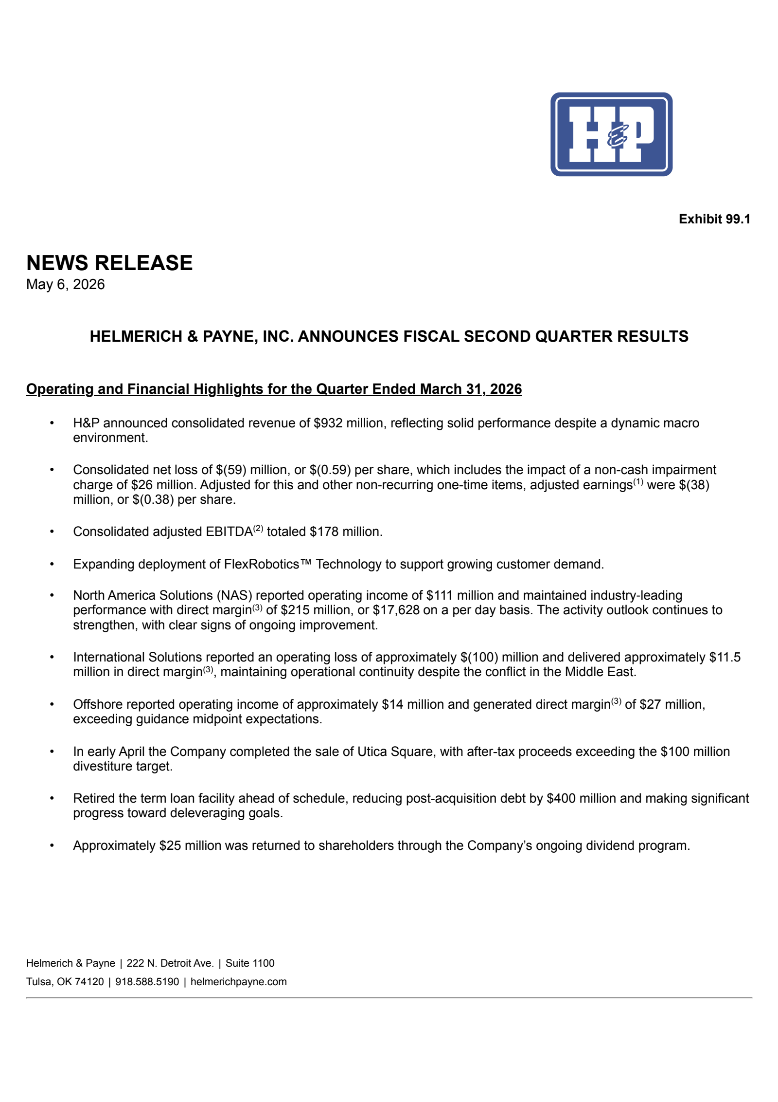 Helmerich & Payne's Q2 2026 Press Release