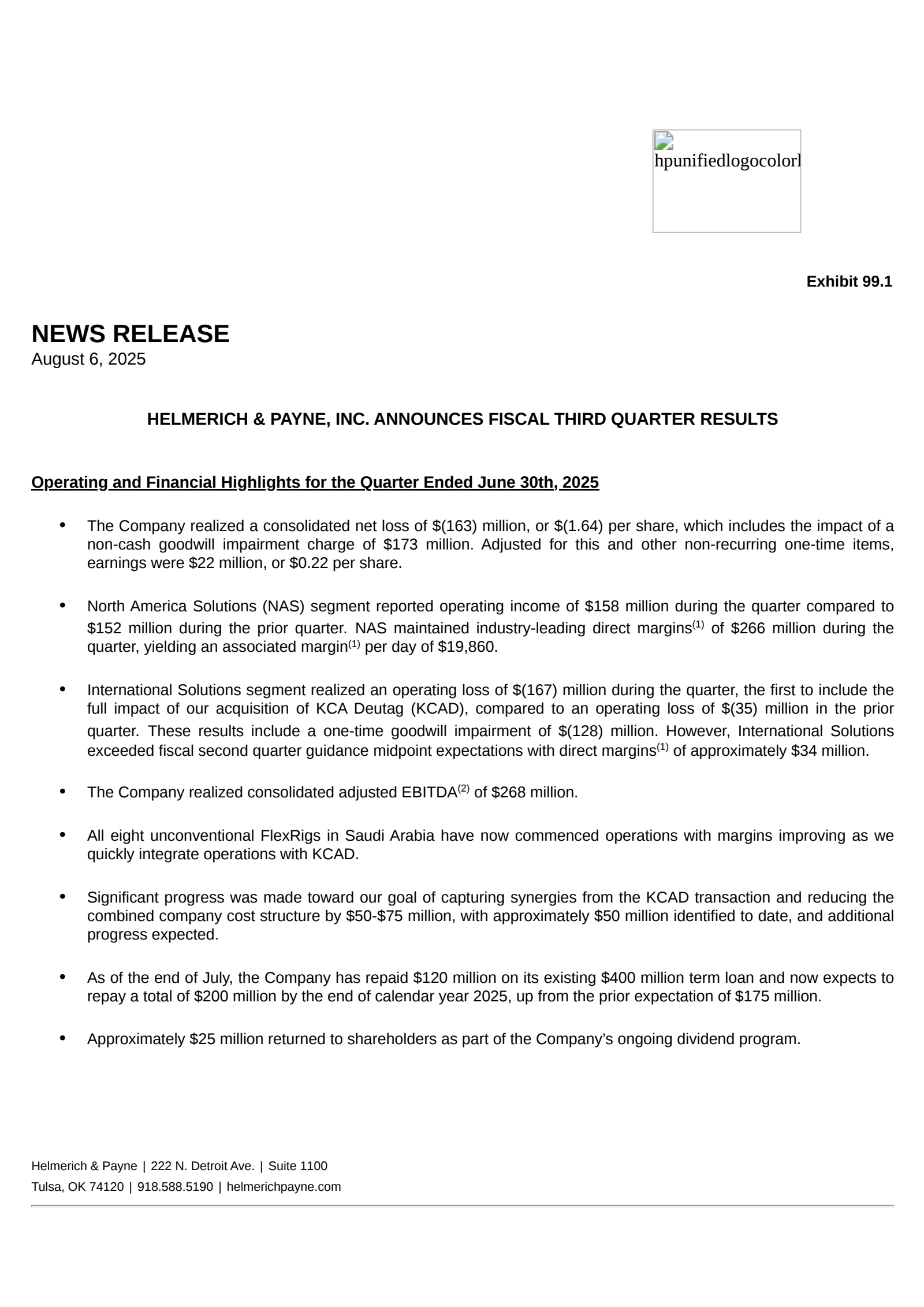 Helmerich & Payne's Q3 2025 Press Release
