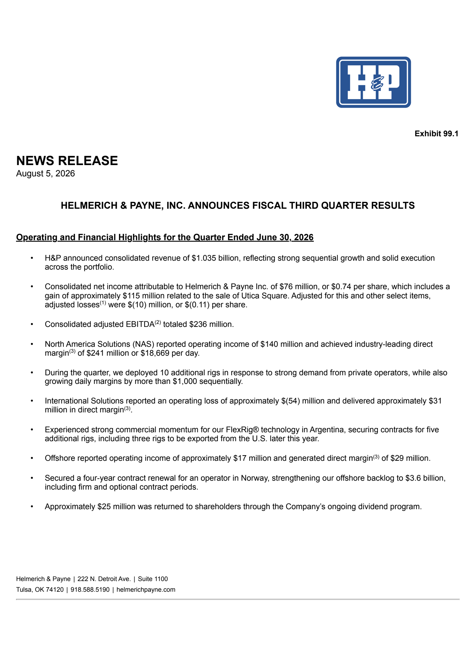 Helmerich & Payne's Q3 2026 Press Release