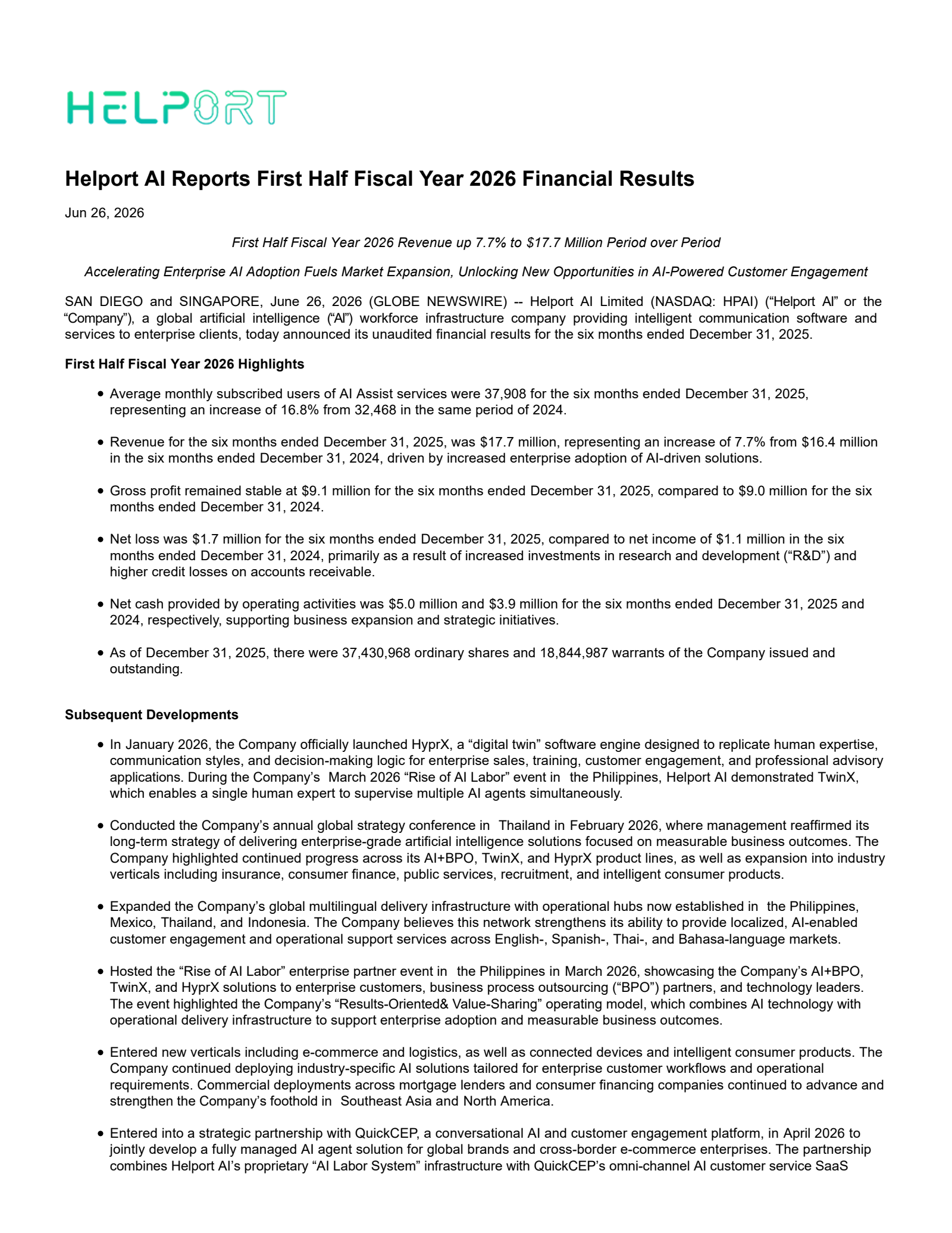 Helport AI's H1 2026 Press Release
