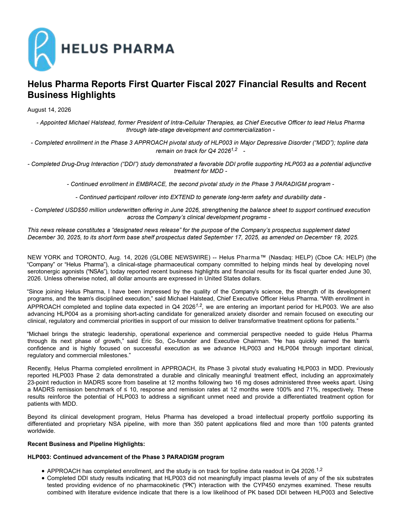 Cybin's Q1 2027 Press Release