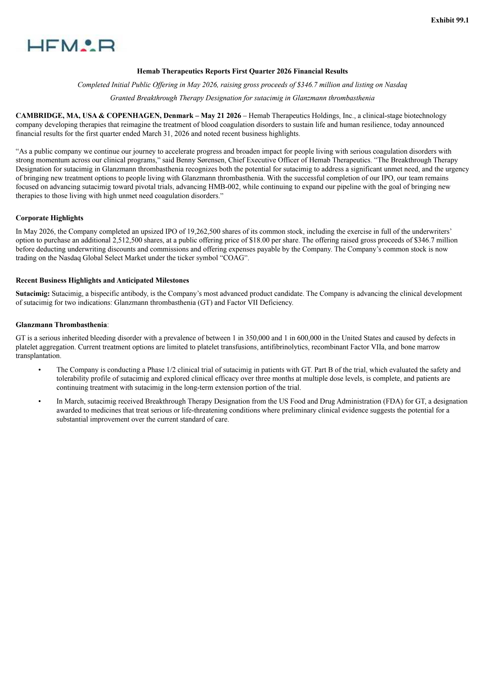 Hemab Therapeutics' Q1 2026 Press Release