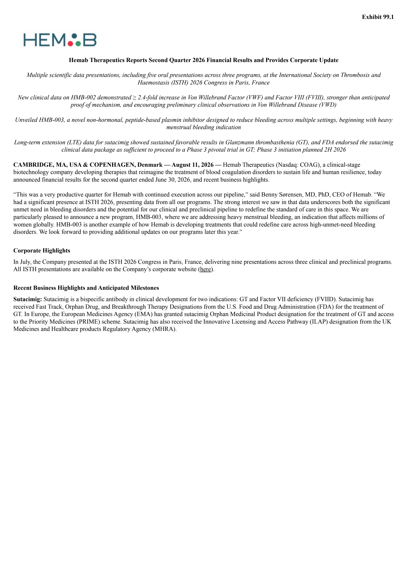 Hemab Therapeutics' Q2 2026 Press Release
