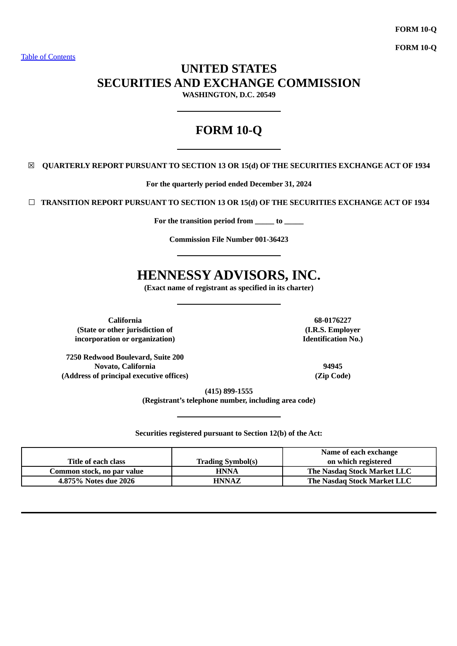 Hennessy Advisors' Q1 2025 Quarterly report