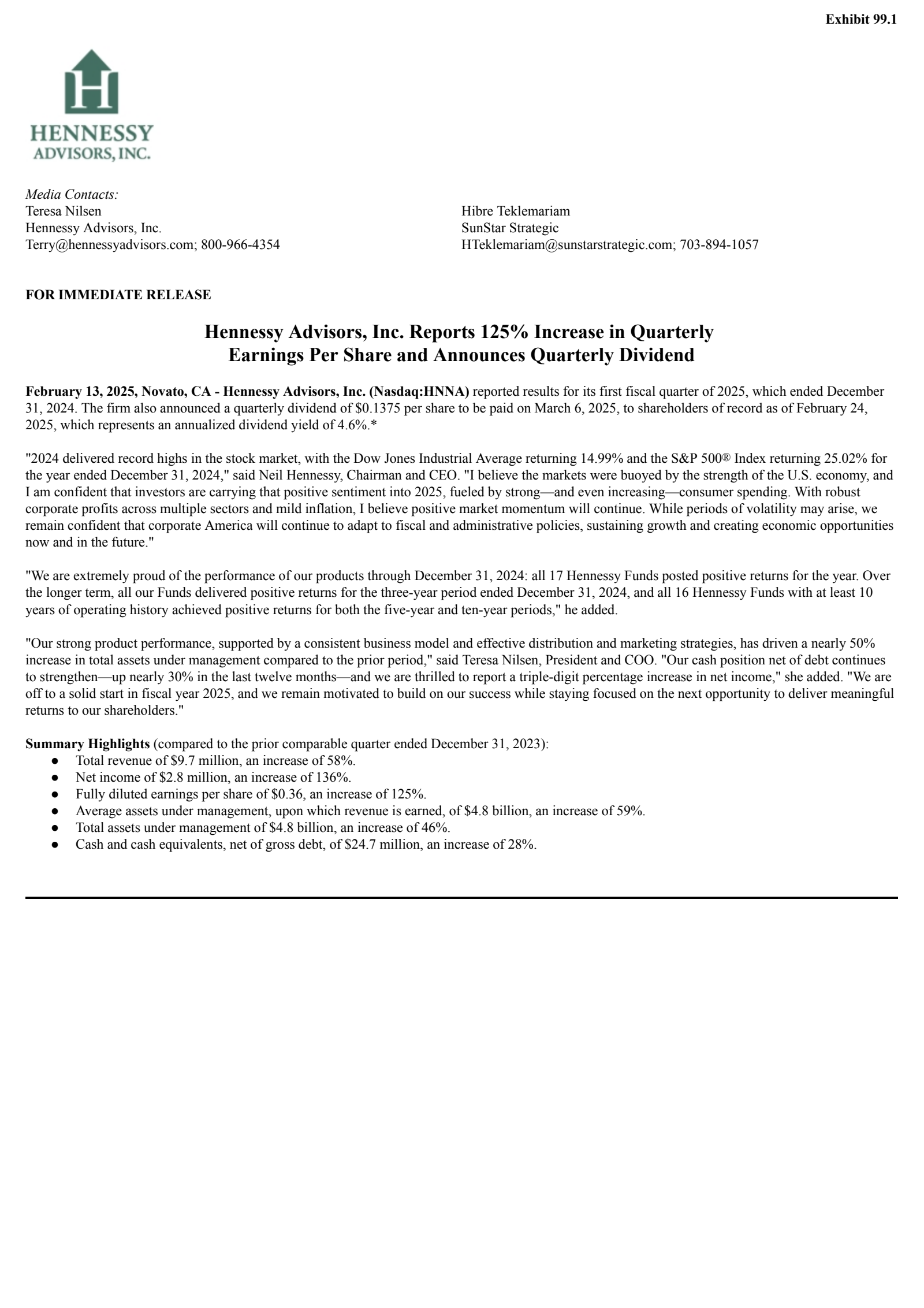 Hennessy Advisors' Q1 2025 Press Release