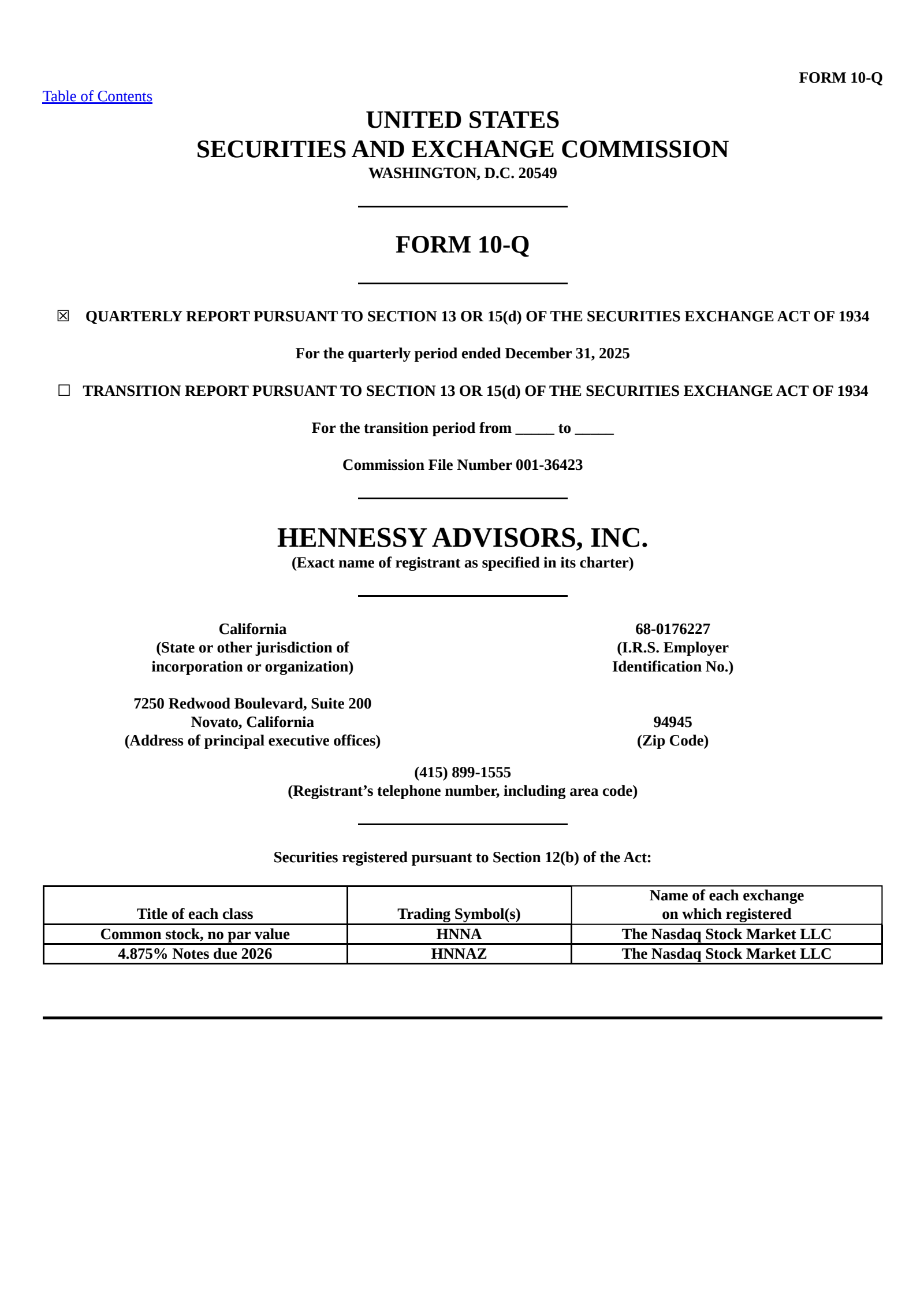 Hennessy Advisors' Q1 2026 Quarterly report