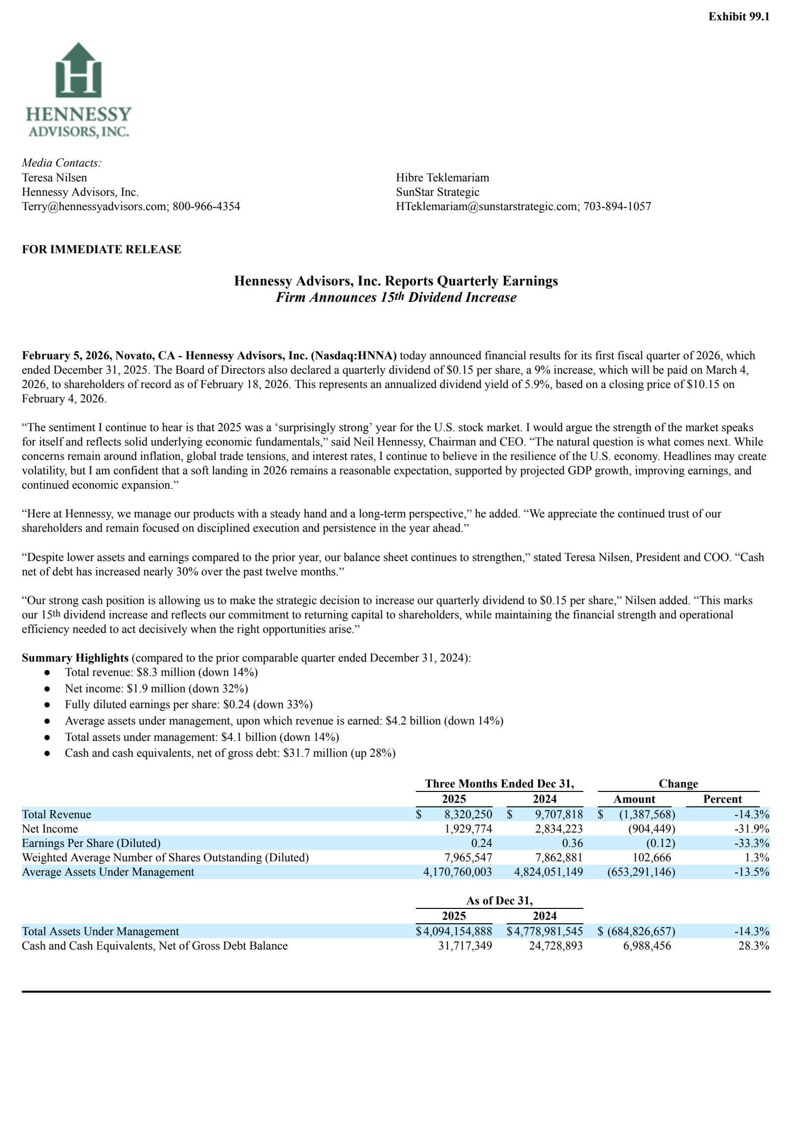 Hennessy Advisors' Q1 2026 Press Release
