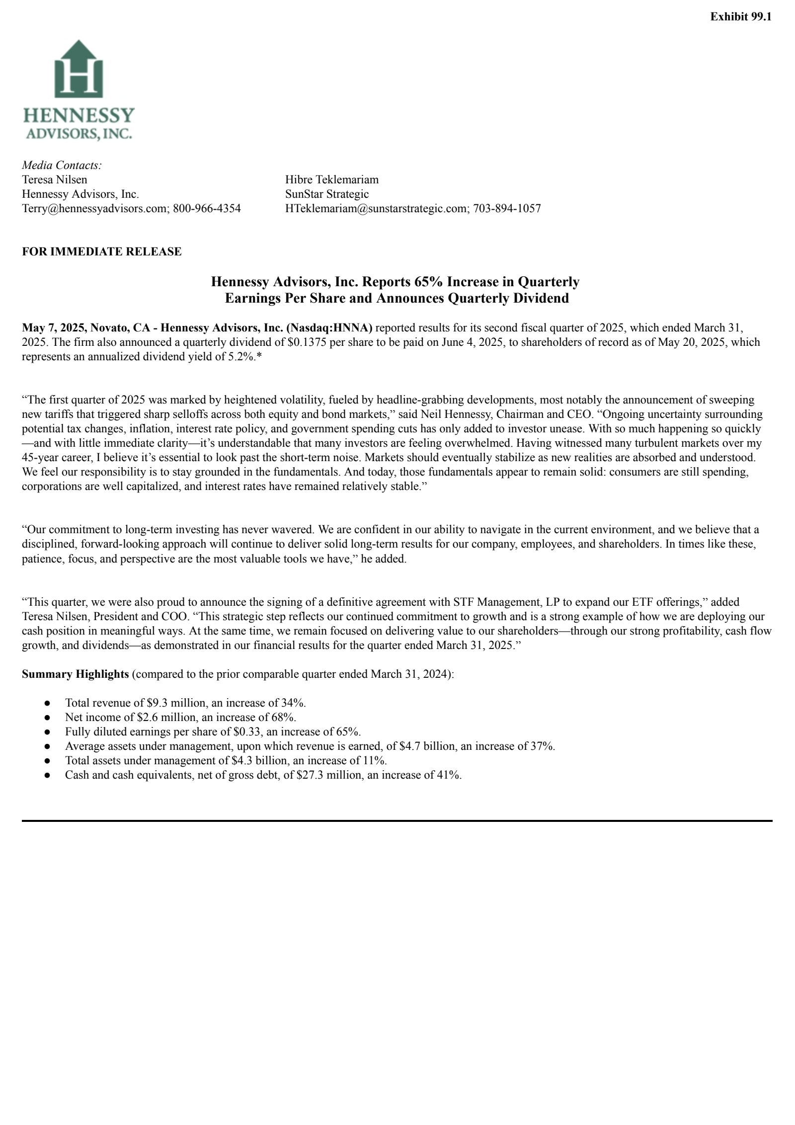 Hennessy Advisors' Q2 2025 Press Release