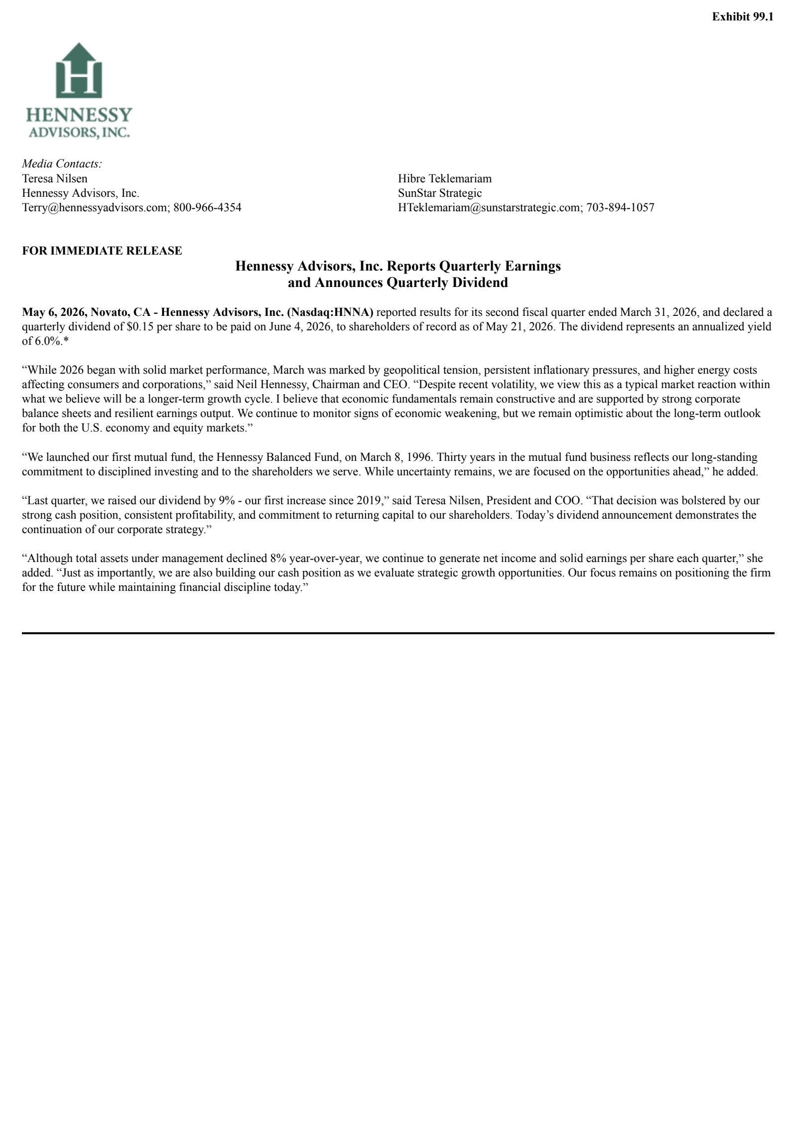 Hennessy Advisors' Q2 2026 Press Release