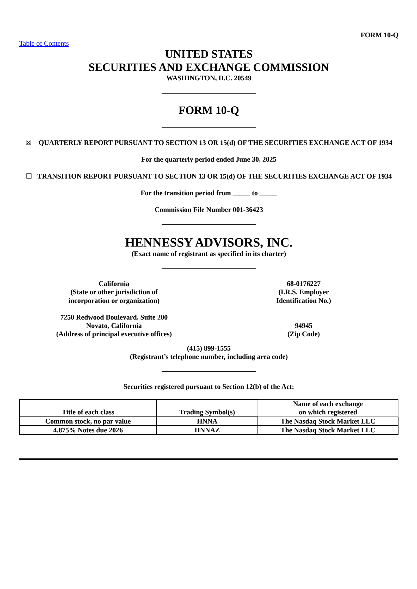 Hennessy Advisors' Q3 2025 Quarterly report