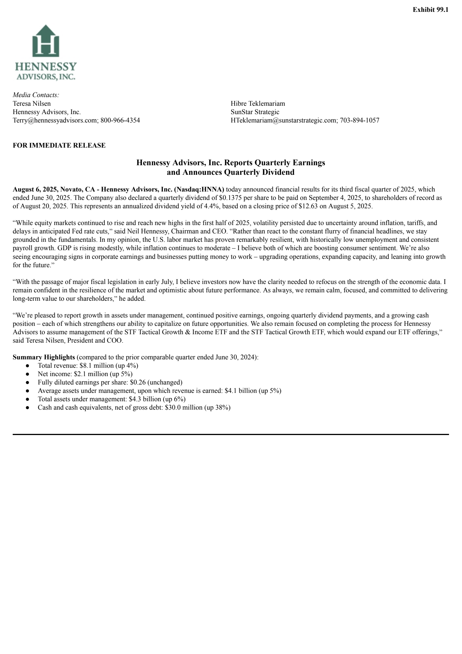 Hennessy Advisors' Q3 2025 Press Release