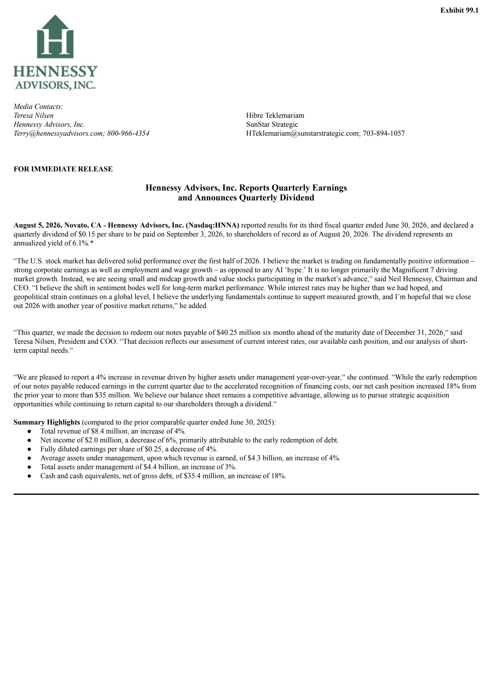 Hennessy Advisors' Q3 2026 Press Release