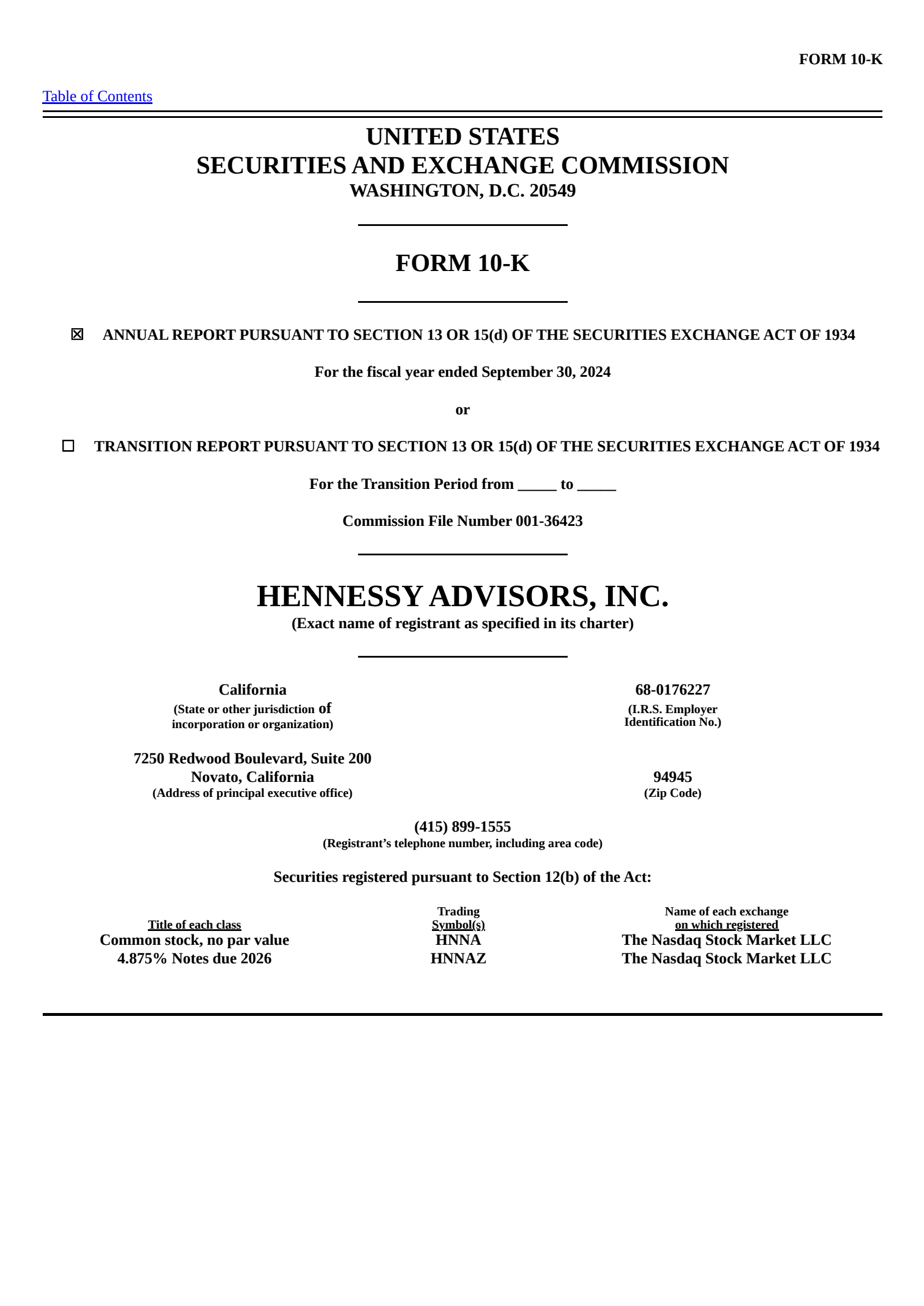 Hennessy Advisors' Q4 2024 Annual report