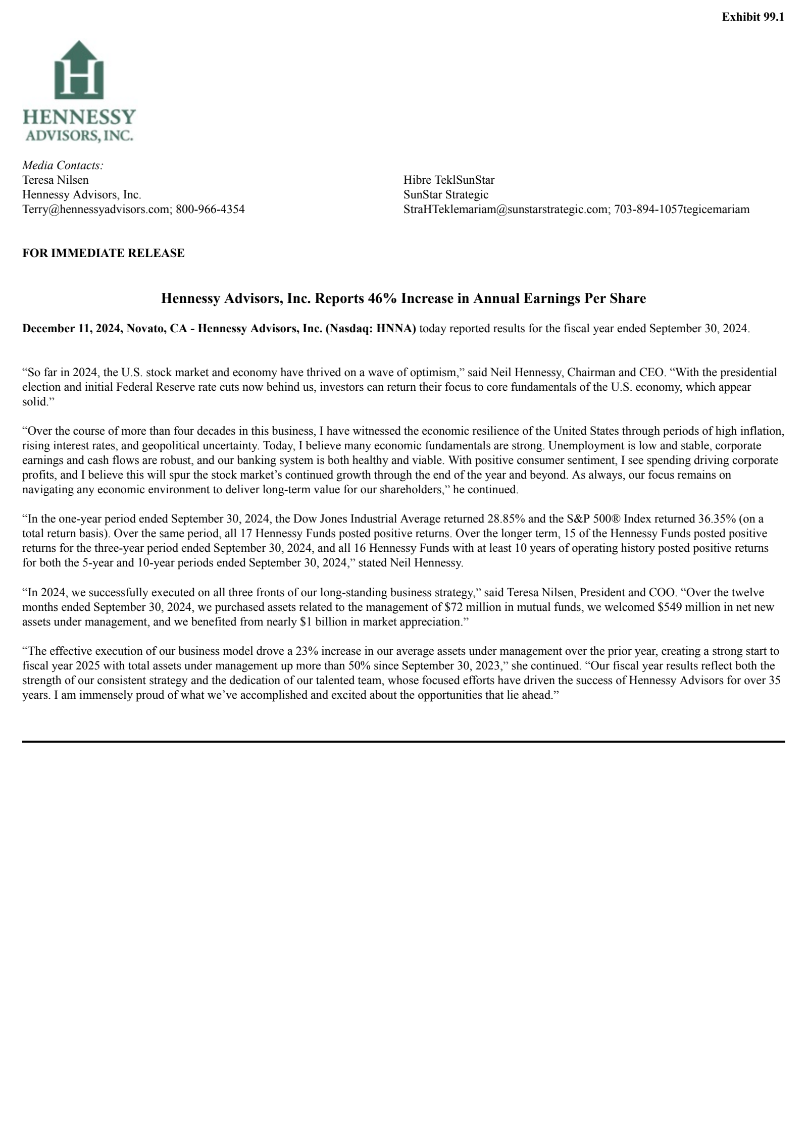 Hennessy Advisors' Q4 2024 Press Release