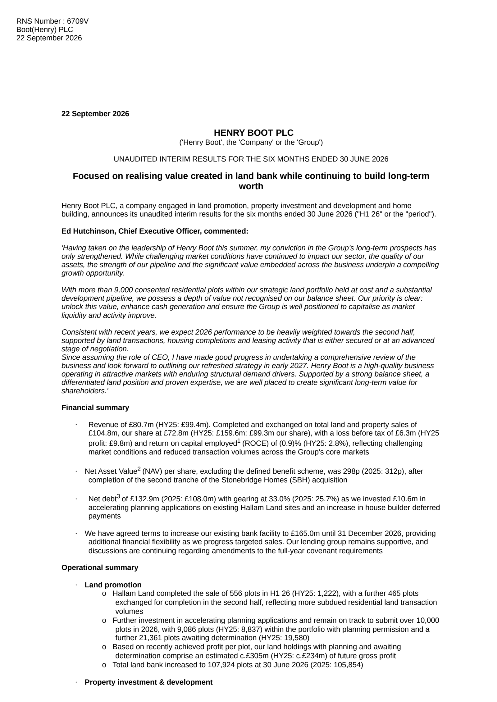 Henry Boot's H1 2026 Interim report