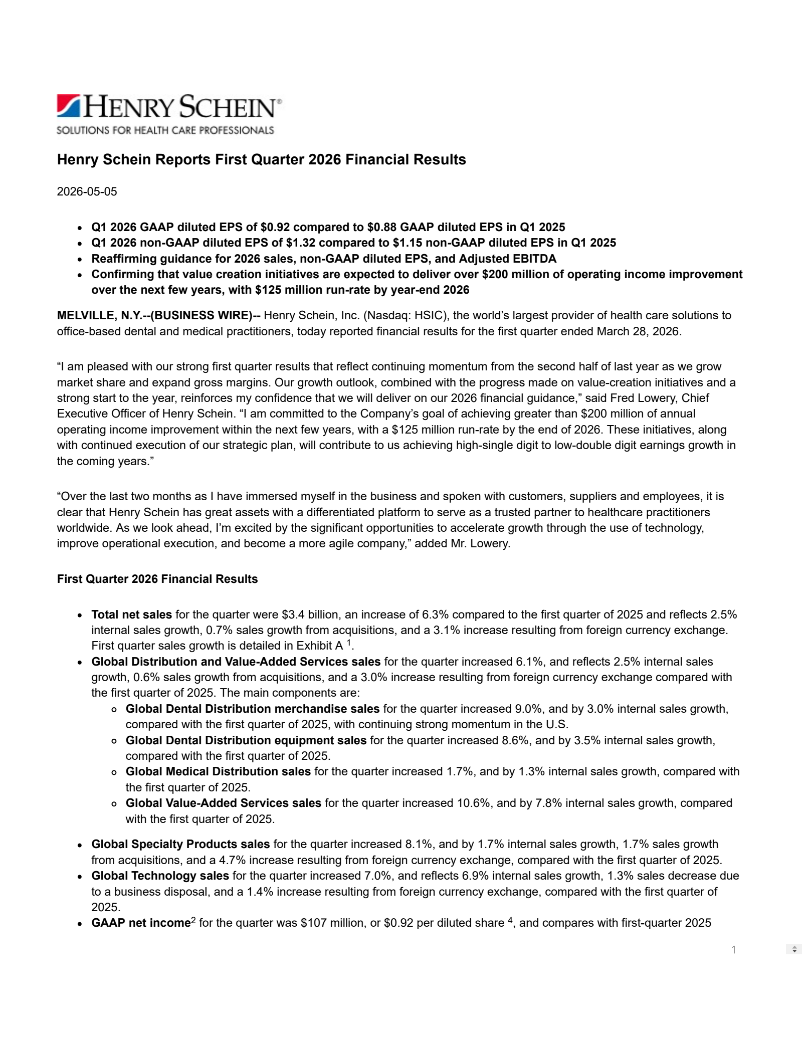 Henry Schein's Q1 2026 Press Release