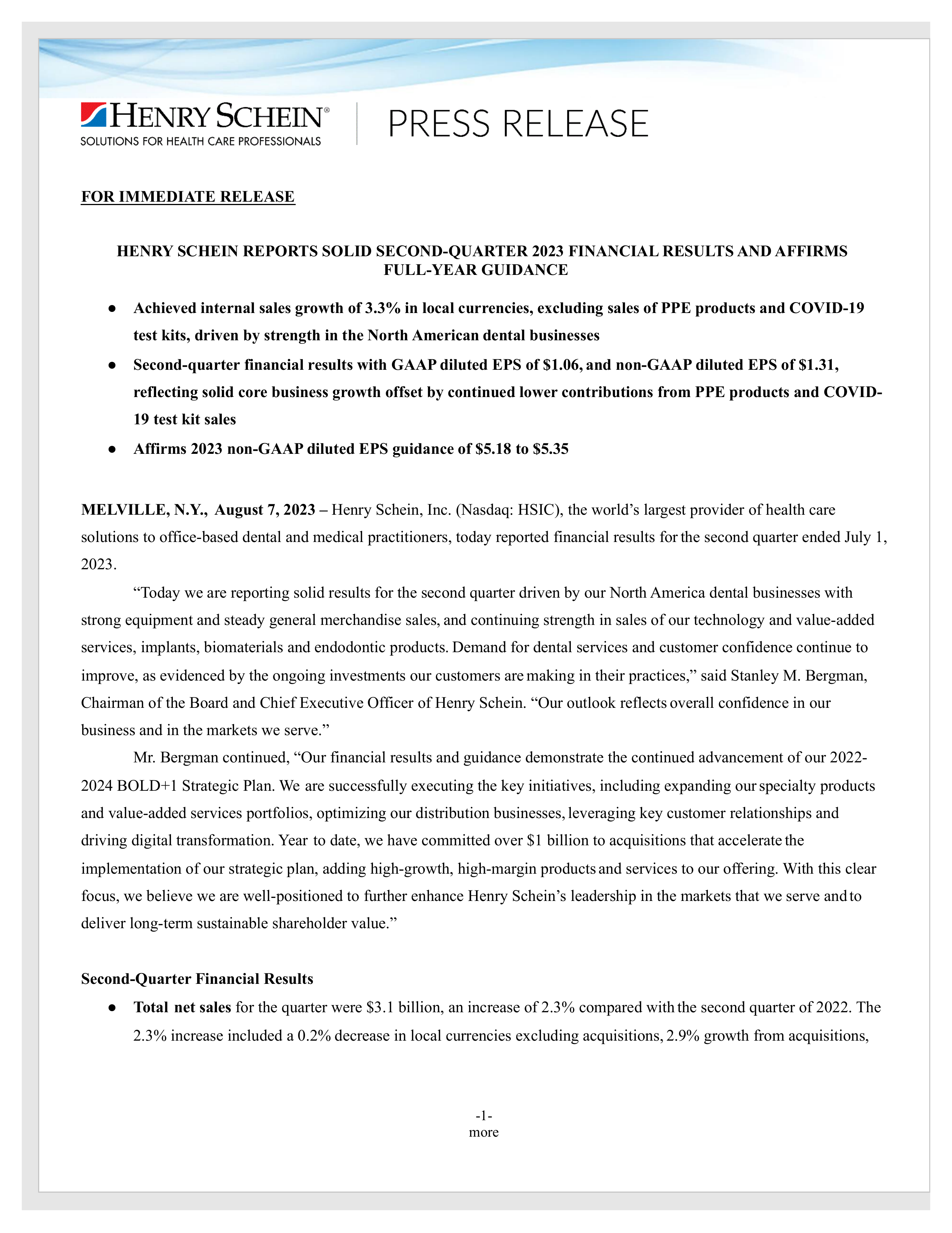 Henry Schein's Q2 2023 Press Release