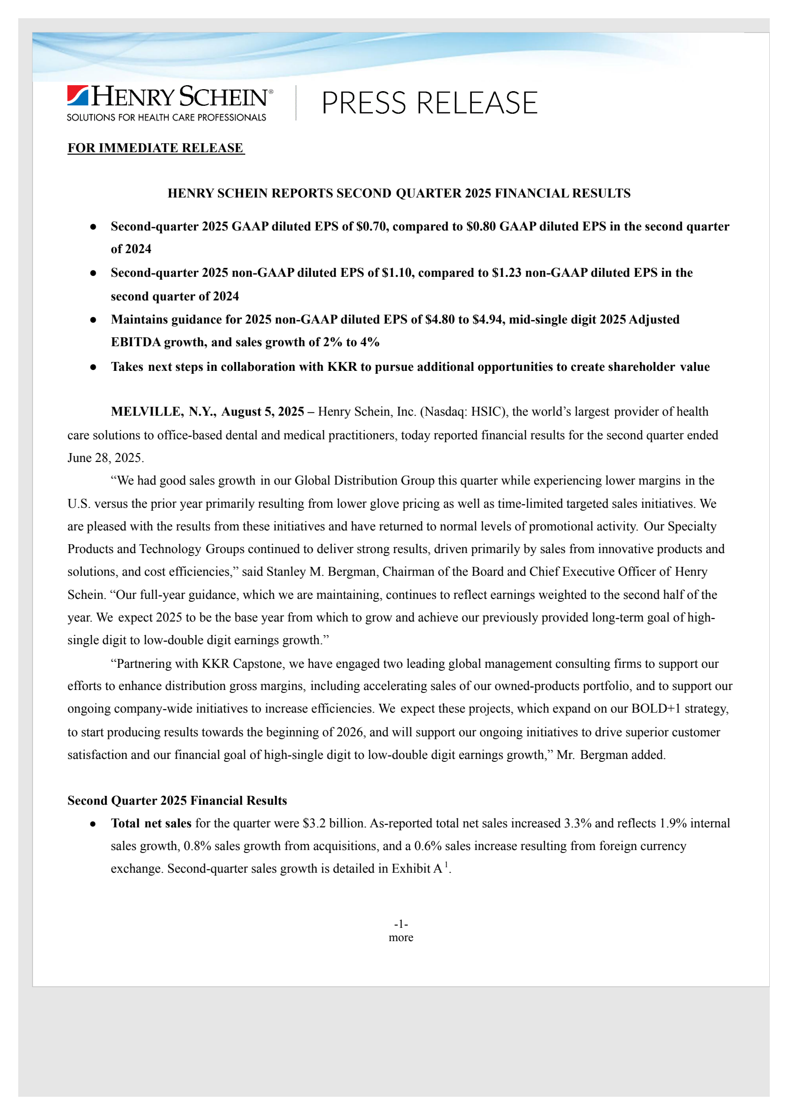 Henry Schein's Q2 2025 Press Release