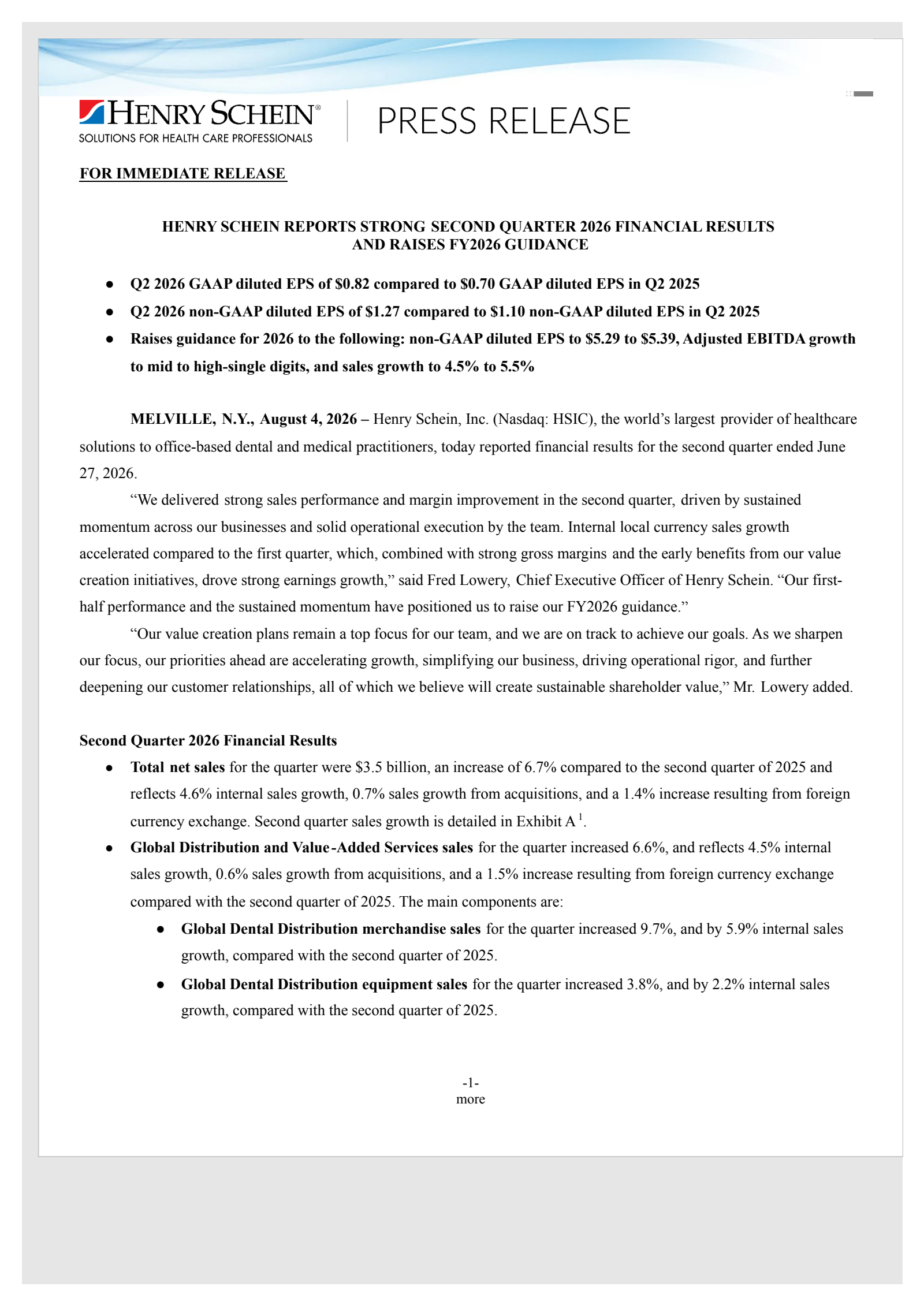 Henry Schein's Q2 2026 Press Release