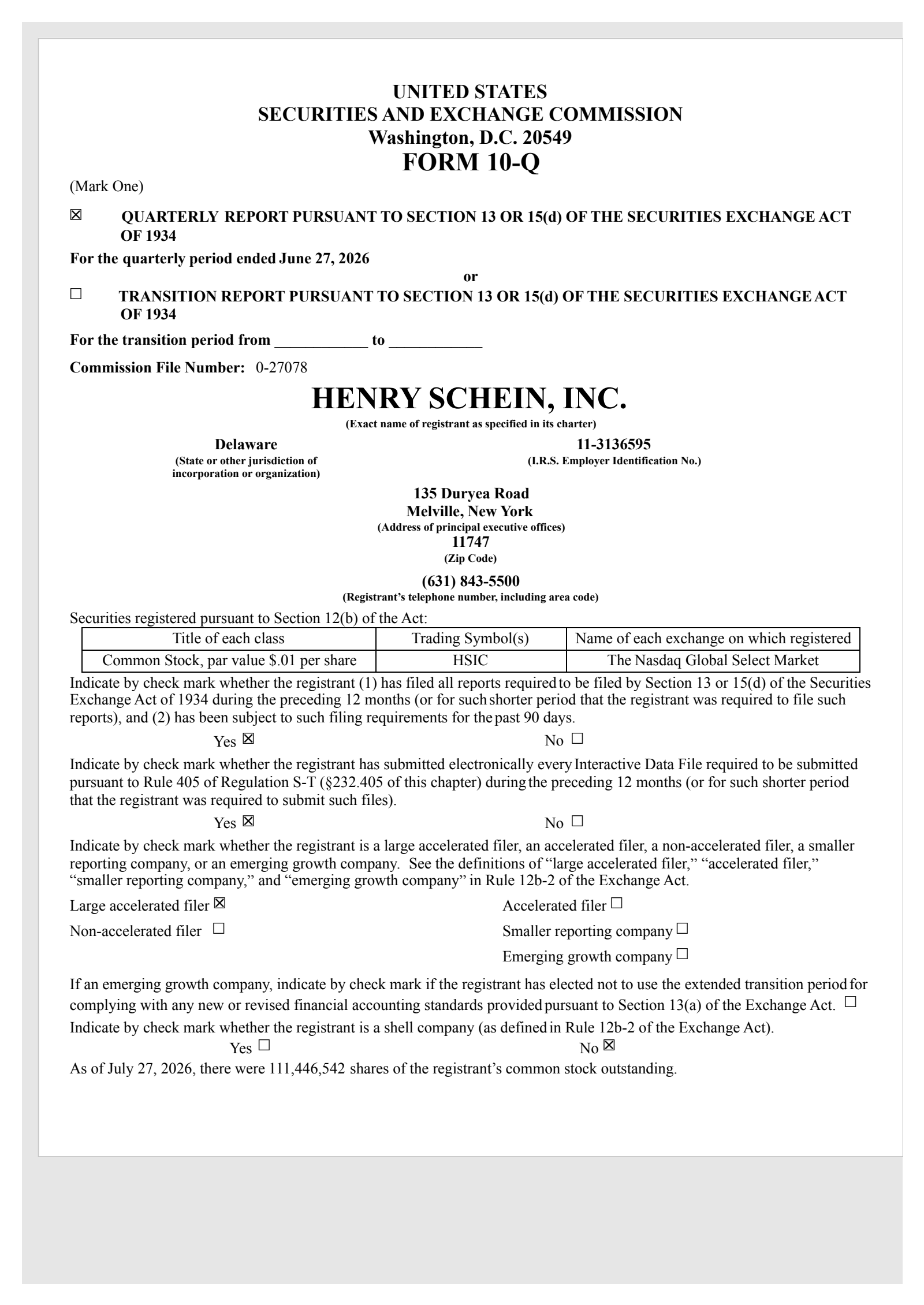 Henry Schein's Q2 2026 Quarterly report