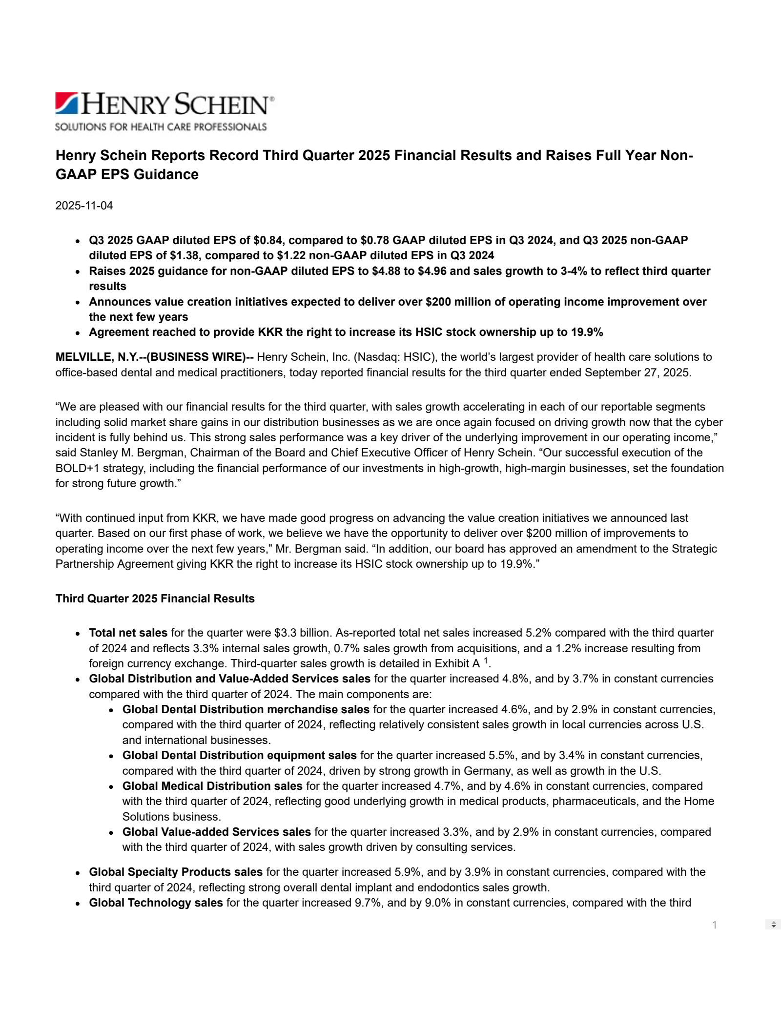 Henry Schein's Q3 2025 Earnings Release